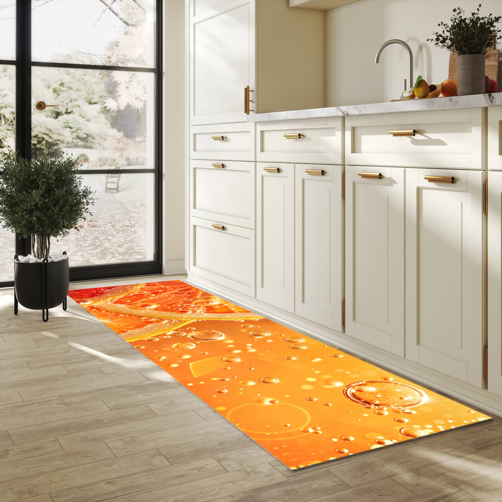 Küchenteppich mit Motiv Spritzige Orange in heller Küche für sicheres Aufbewahren