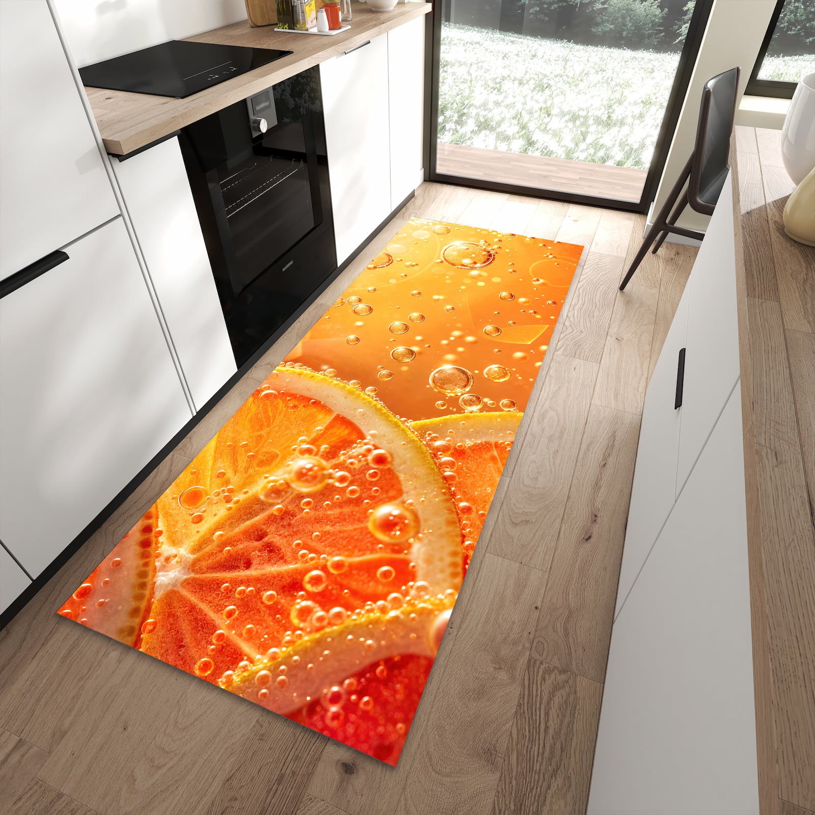 Geräuschdämpfender Teppich für Esstisch mit Motiv Spritzige Orange in moderner Küche