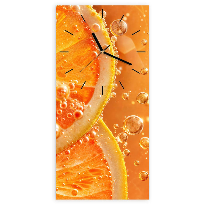 Wanduhr Spritzige Orange aus Glas – Hochformat 30 × 60 cm mit Ziffernblatt Linie