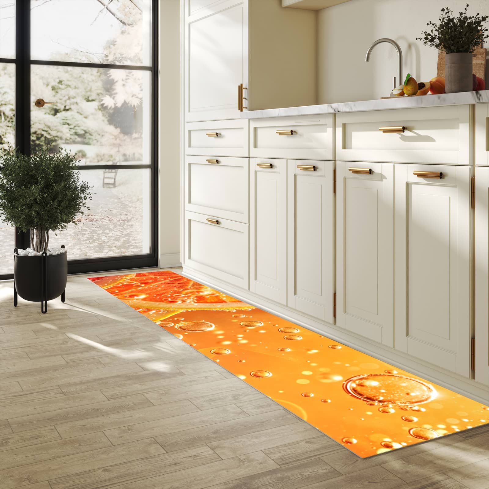 Küchenteppich mit Motiv Spritzige Orange für Ordnung & Übersicht in heller Küche