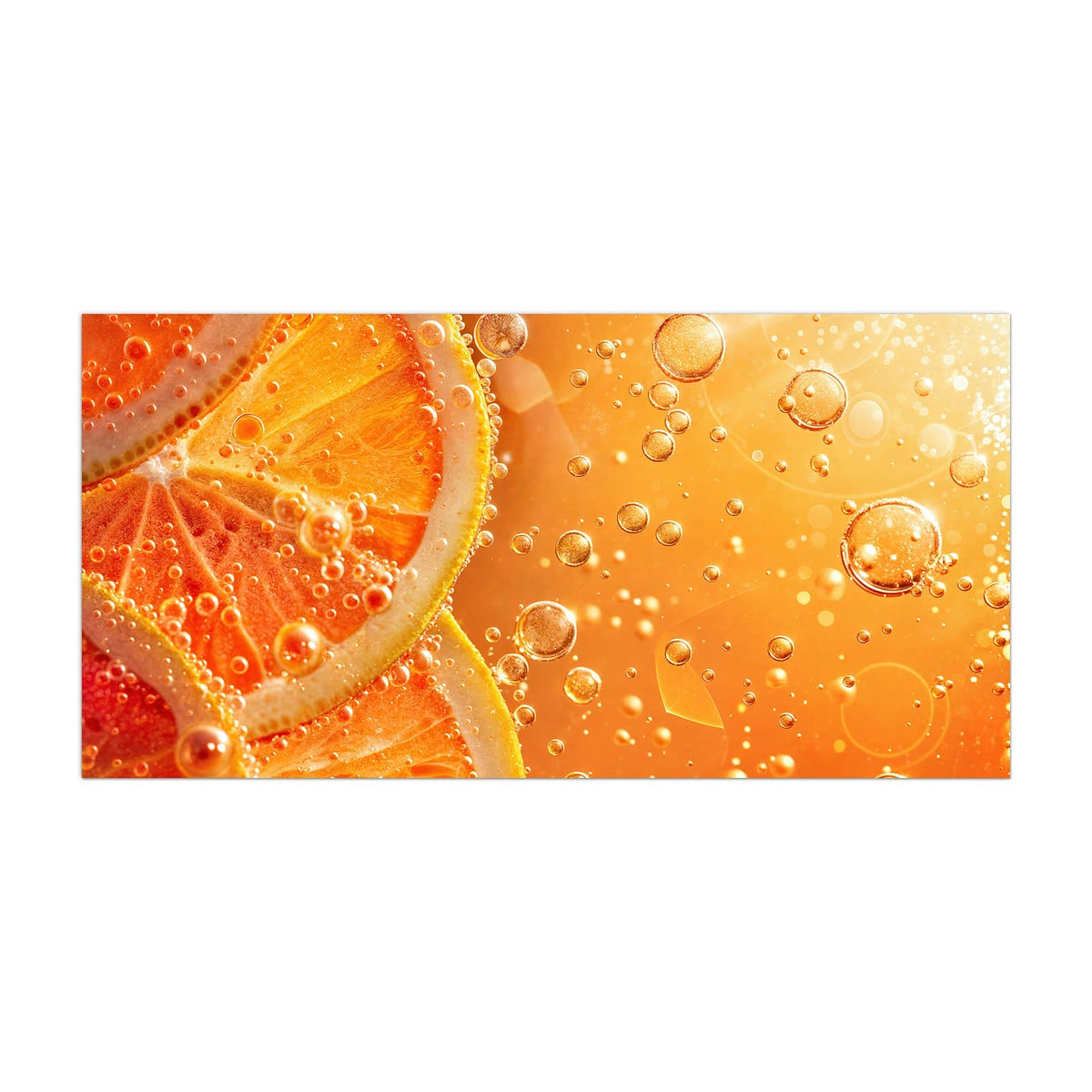 Küchenrückwand aus Glas Orangen im Sprudel im Hochformat, Motiv bildfüllend von vorn