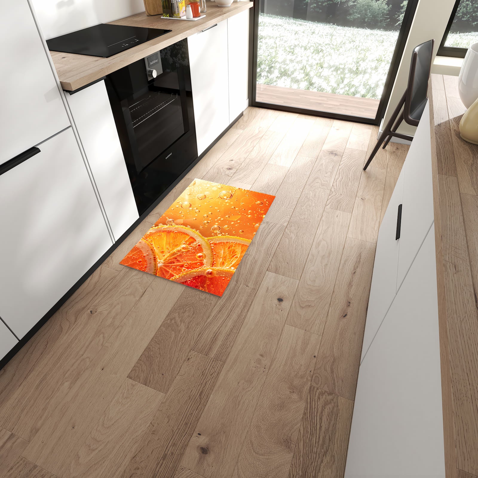 Küchenläufer mit Motiv Spritzige Orange für Ordnung im Eingangsbereich moderner Küche