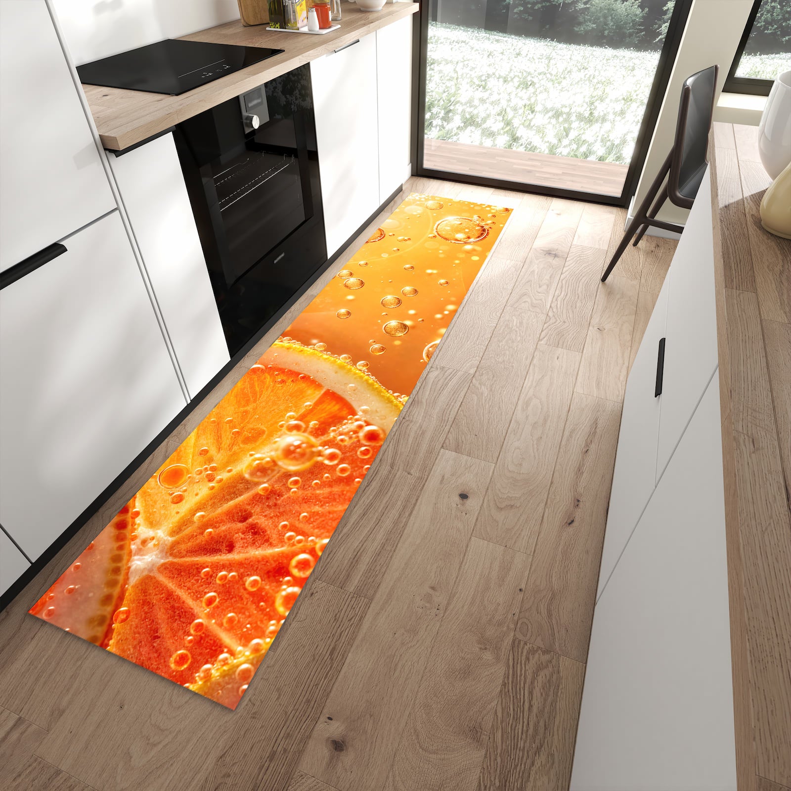 Feuchtigkeitsresistenter waschbarer Küchenläufer mit Motiv Spritzige Orange in moderner Küche