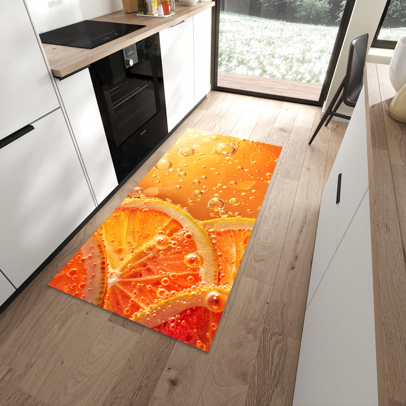Waschbarer Teppich fürs Esszimmer mit Motiv Spritzige Orange in moderner Küche