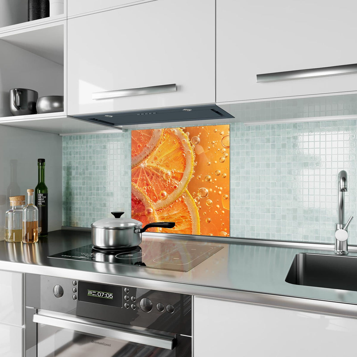 Küchenrückwand Orangen im Sprudel aus Glas – Orangenscheiben im Sprudel