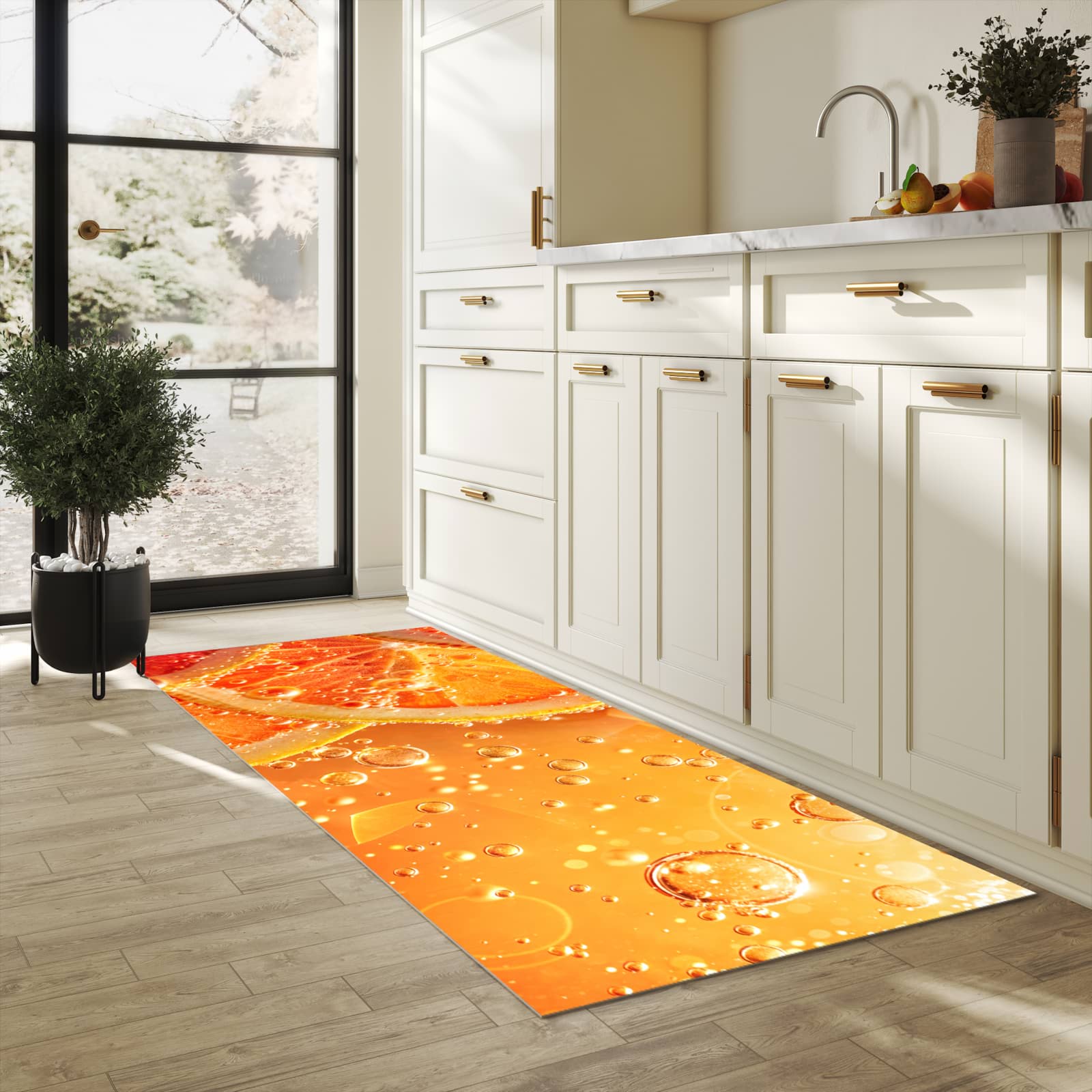 Abriebfester waschbarer Teppich Küche mit Motiv Spritzige Orange in heller Küche