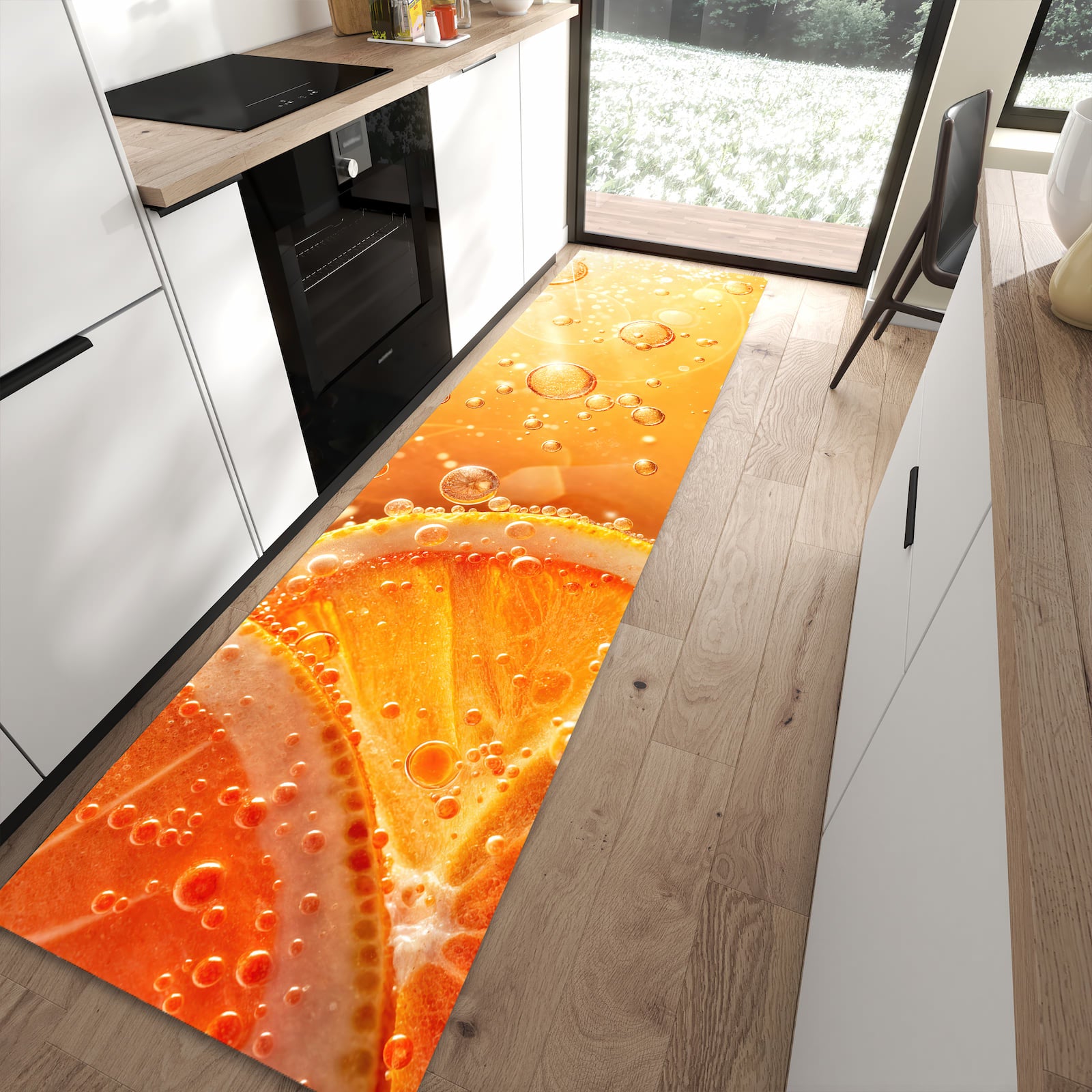 Waschbarer Küchenteppich mit Motiv Spritzige Orange in moderner Küche für sichere Aufbewahrung