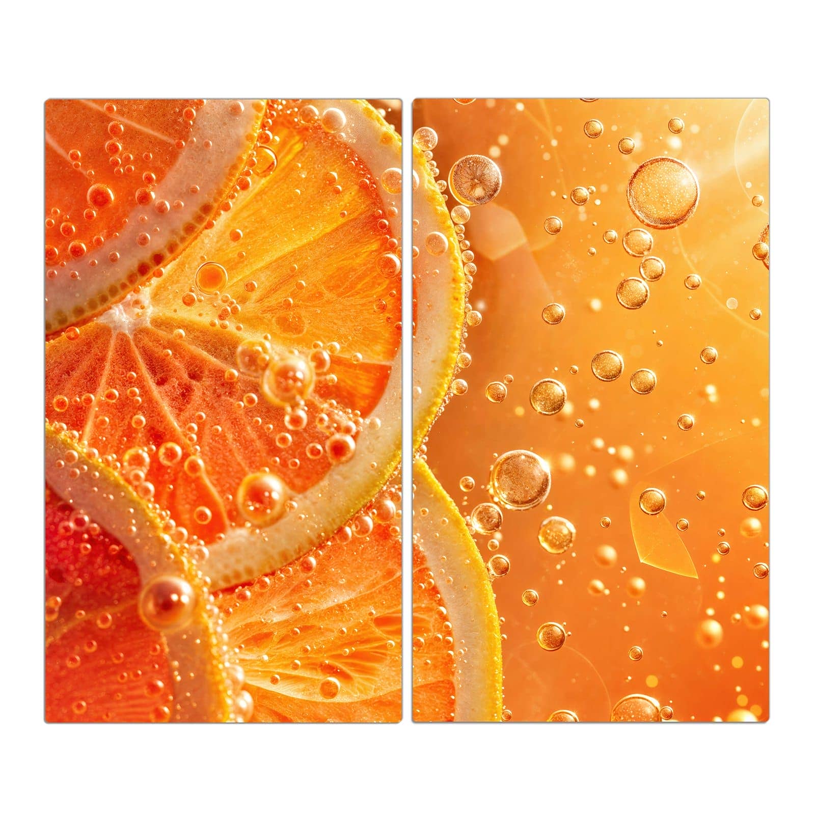 2-teilige Herdabdeckplatte für Ceranfeld mit Spritzige Orange-Motiv in der Frontansicht #grösse_2-Teilig (60x52cm)