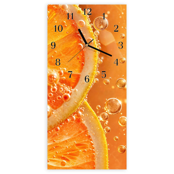 Wanduhr Spritzige Orange aus Glas – Hochformat 30 × 60 cm mit Ziffernblatt Klassisch