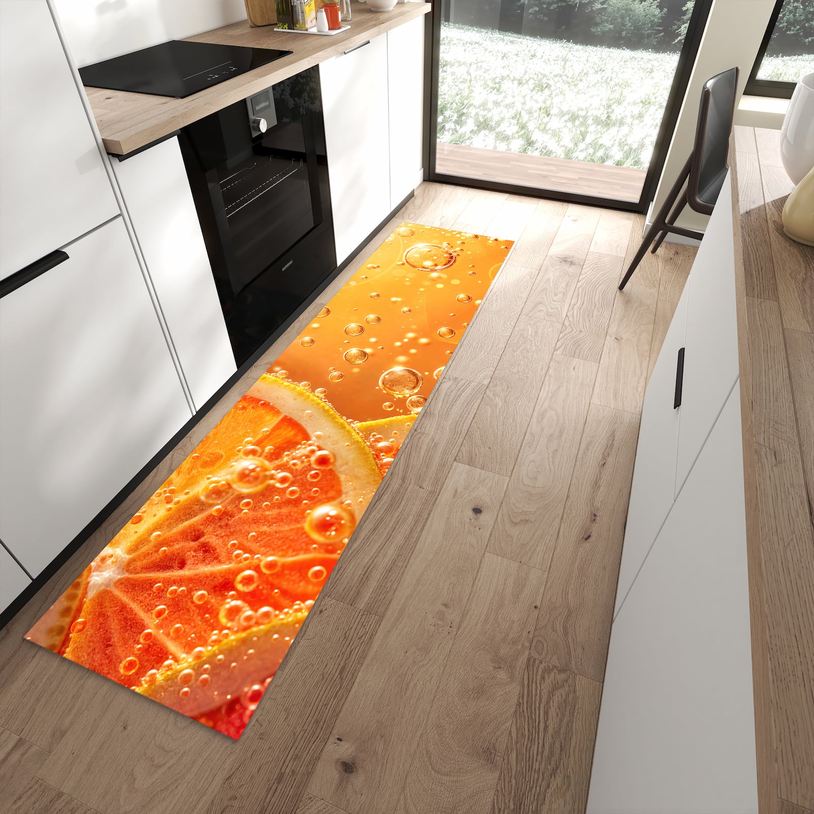 Rutschfester waschbarer Küchenläufer mit Motiv Spritzige Orange in moderner Küche