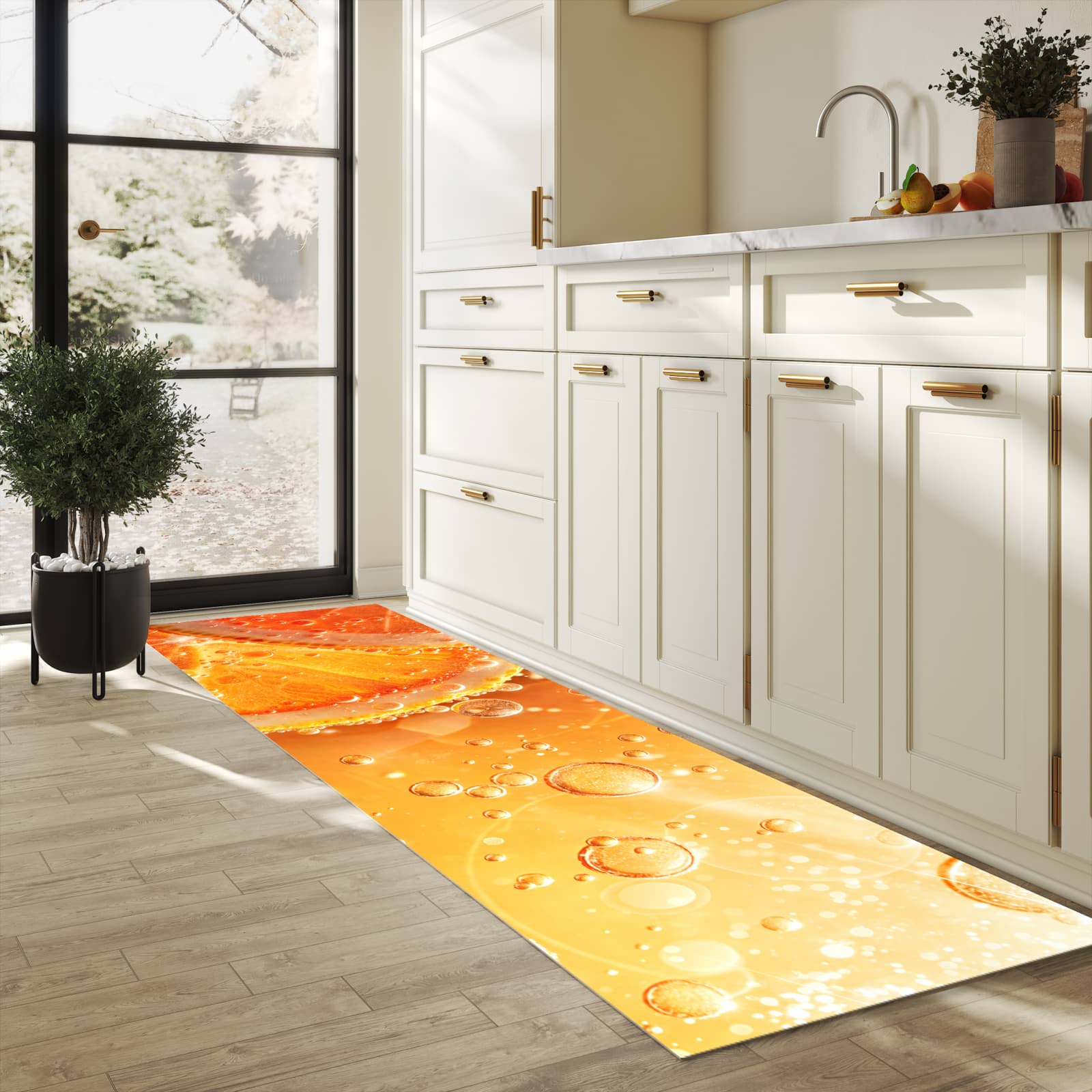 Zeitsparender Küchenteppich mit Motiv Spritzige Orange in heller Küche