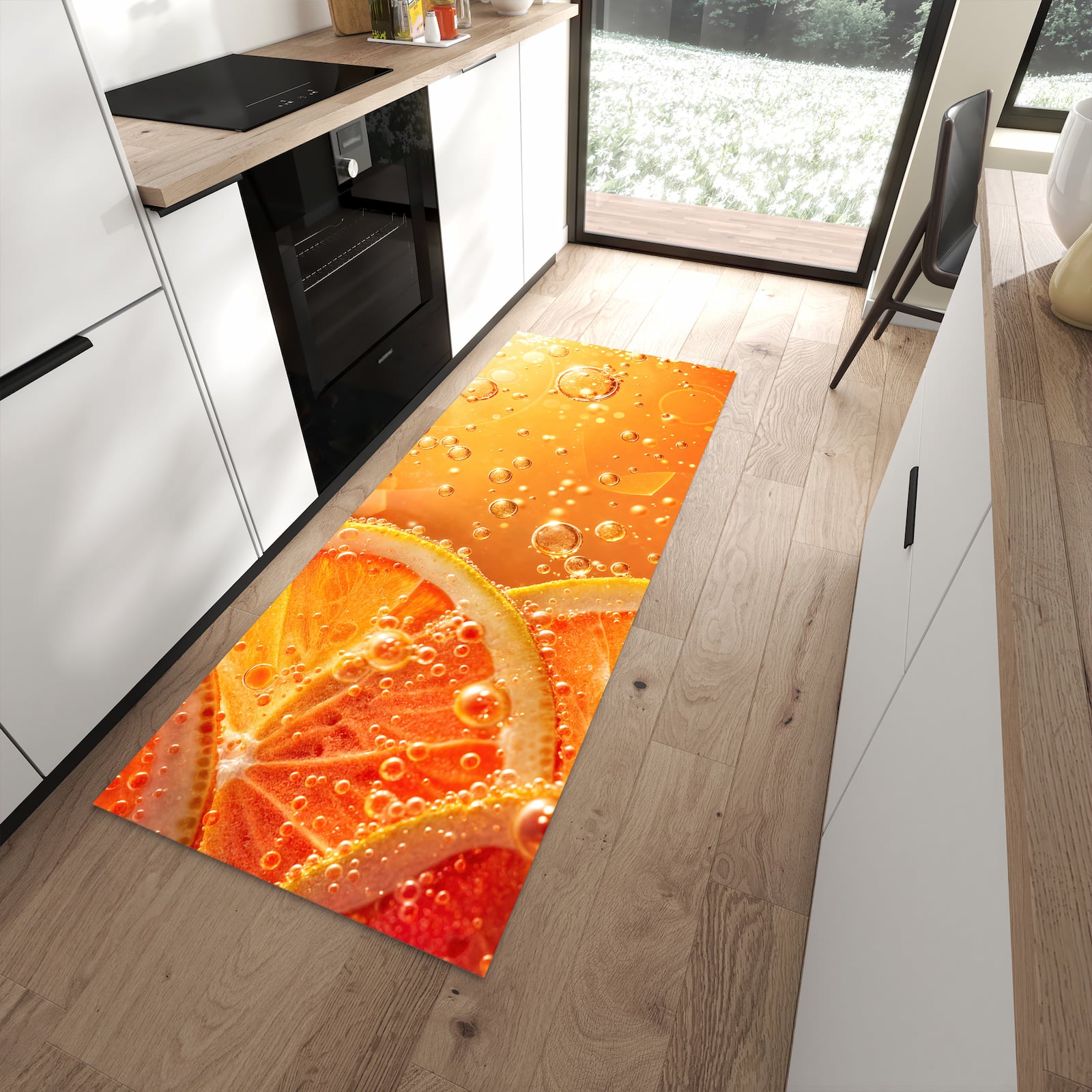 Bodenschonender rutschfester Läufer mit Motiv Spritzige Orange in moderner Küche