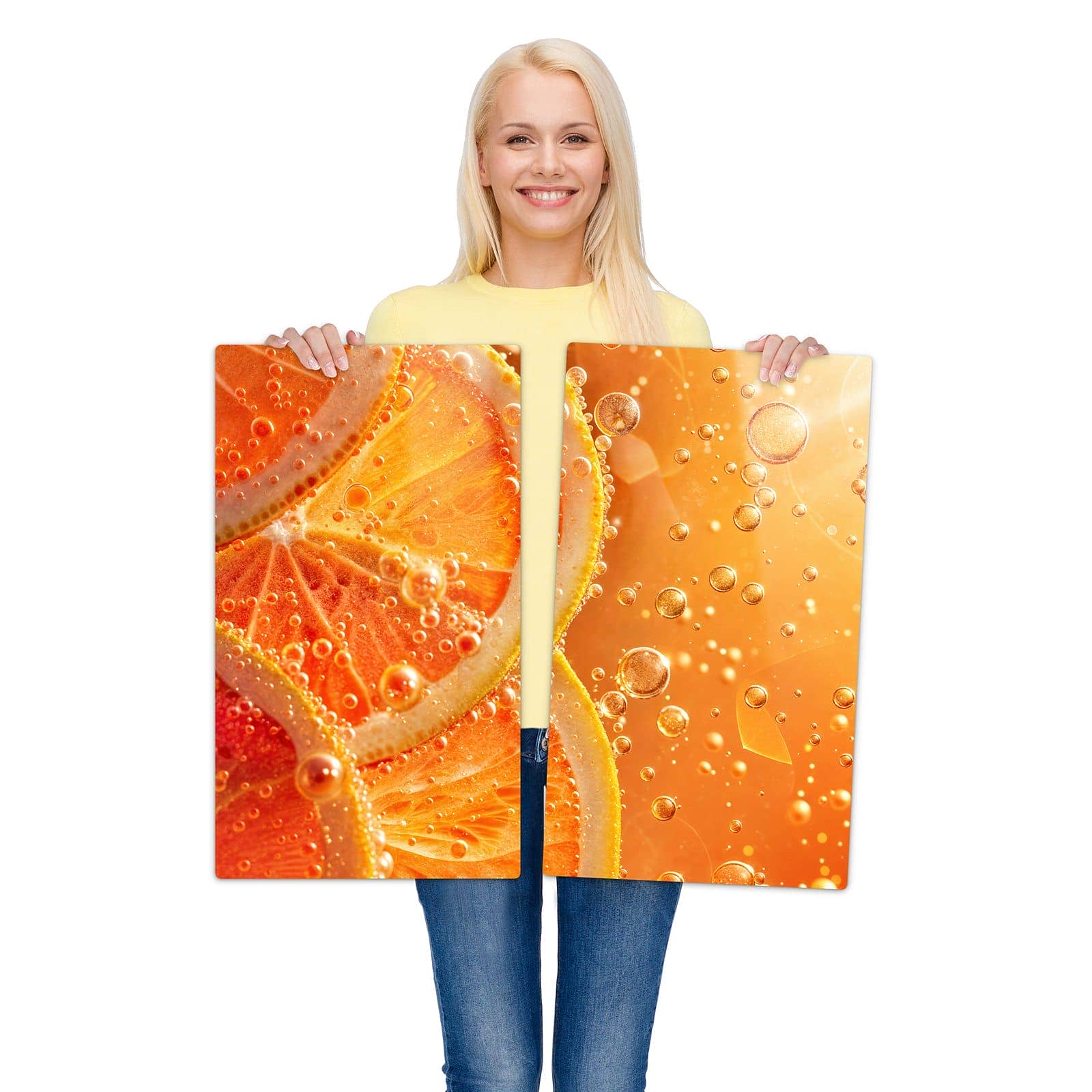 2-teilige Herdabdeckplatte mit Spritzige Orange-Motiv wird zur Größendarstellung gehalten