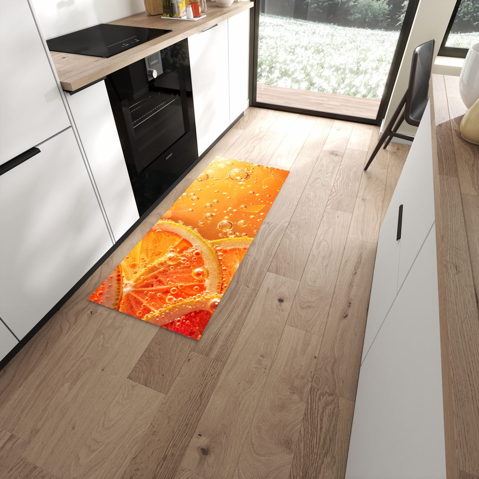 Waschbarer Küchenläufer mit Motiv Spritzige Orange in moderner Küche #grösse_60 x 150 cm