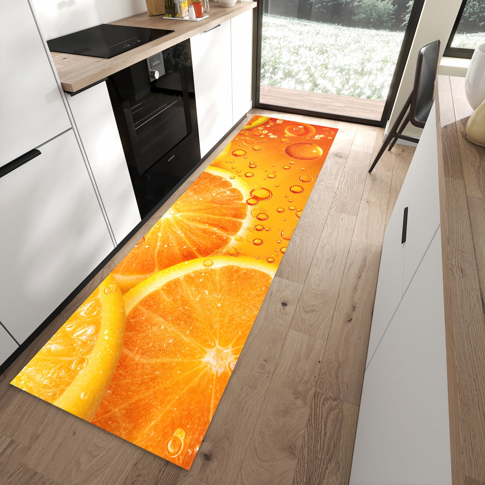 Rutschfester Küchenläufer mit Motiv Erfrischende Orange in moderner Küche