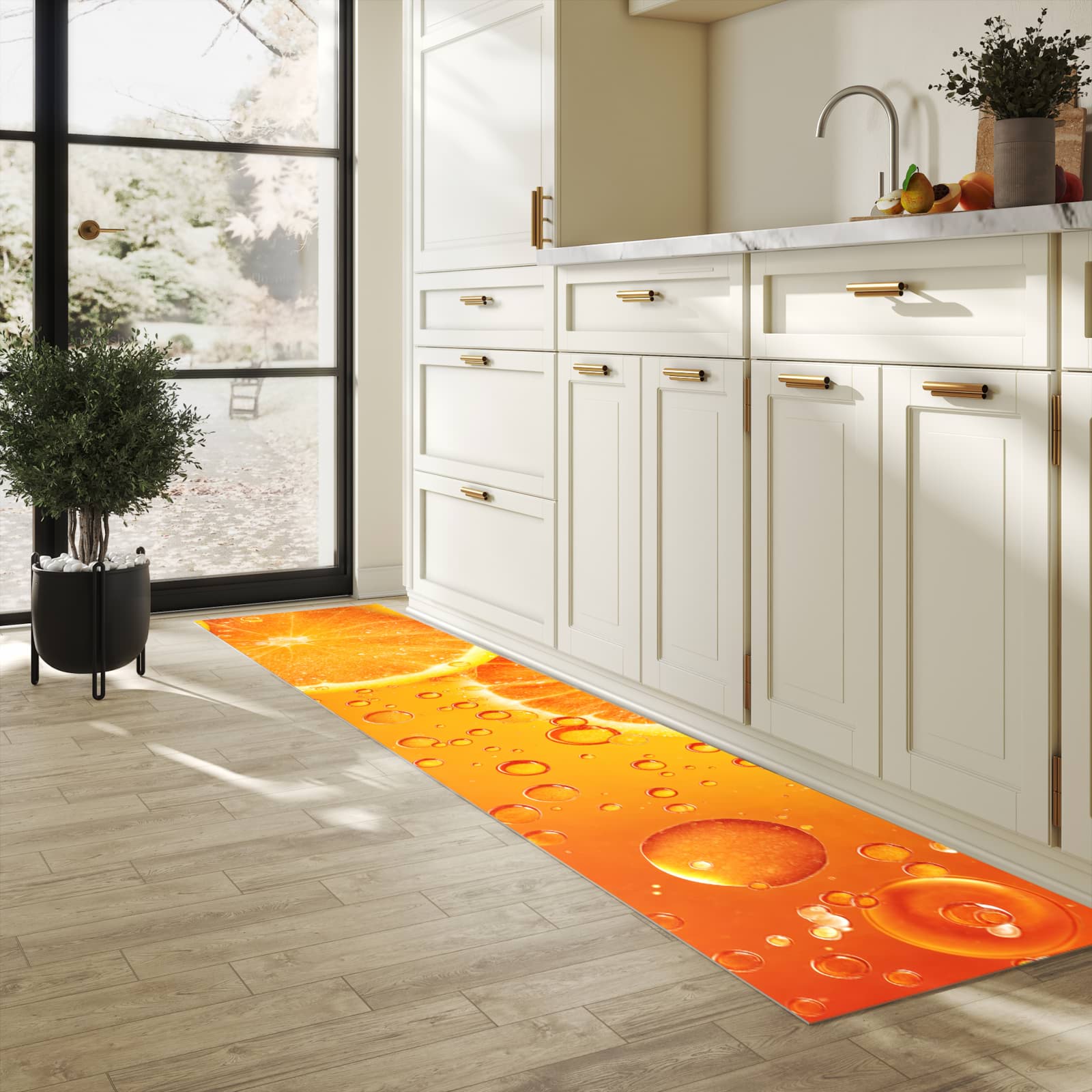 Flacher rutschfester Küchenläufer mit Motiv Erfrischende Orange in heller Küche