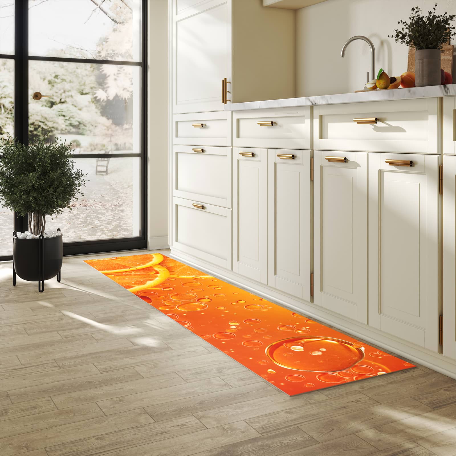 Langlebiger waschbarer Küchenläufer mit Motiv Erfrischende Orange in heller Küche