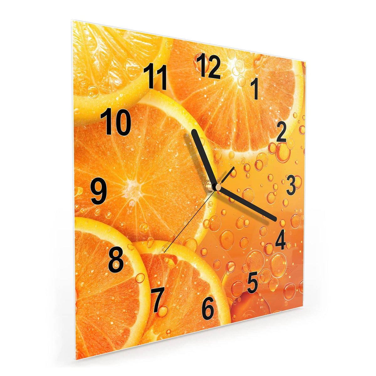 Quadratische Wanduhr aus Glas Sprudelnde Orangen schräg von der Seite, 4 mm starkes Glas