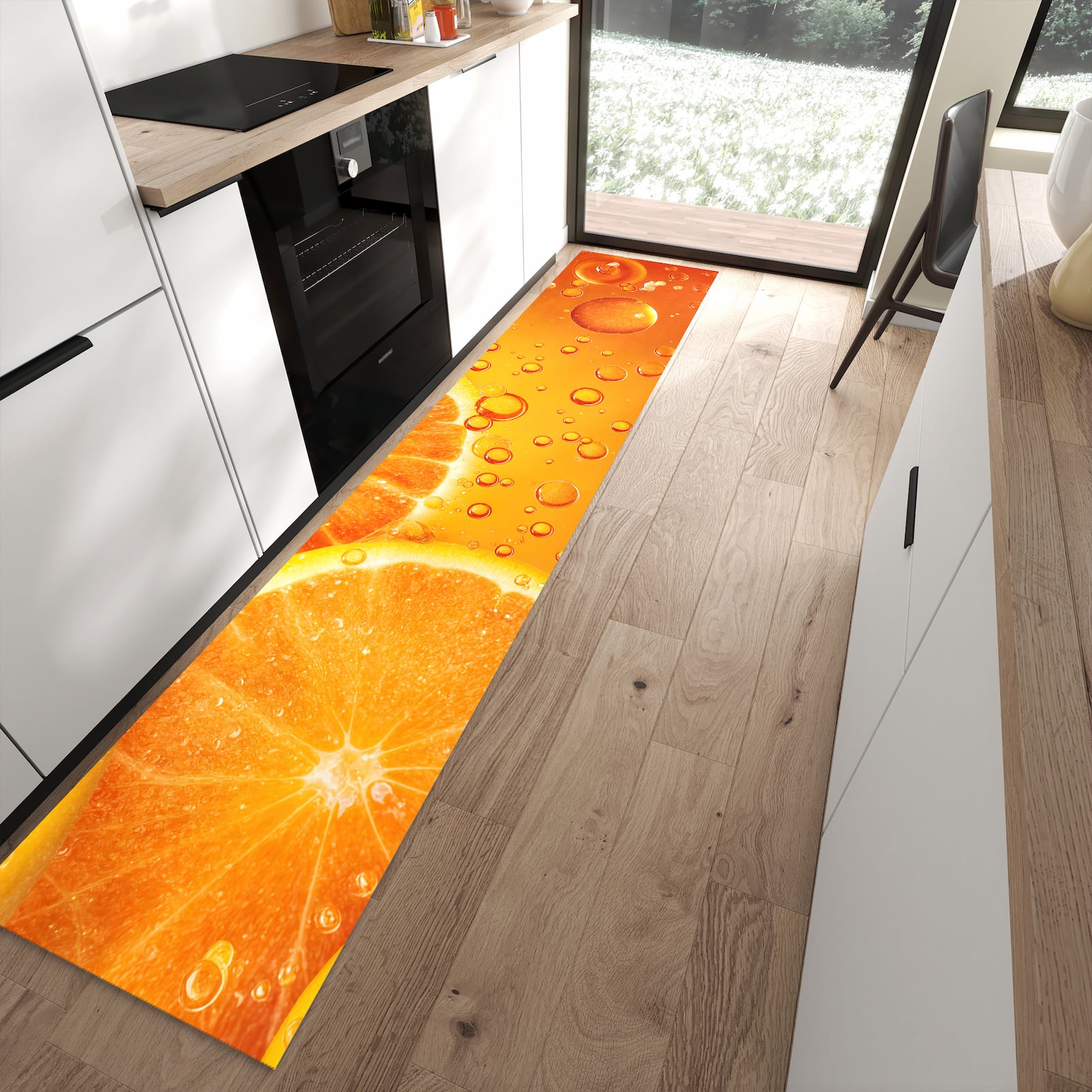 Langlebiger Küchenteppich mit Motiv Erfrischende Orange in moderner Küche