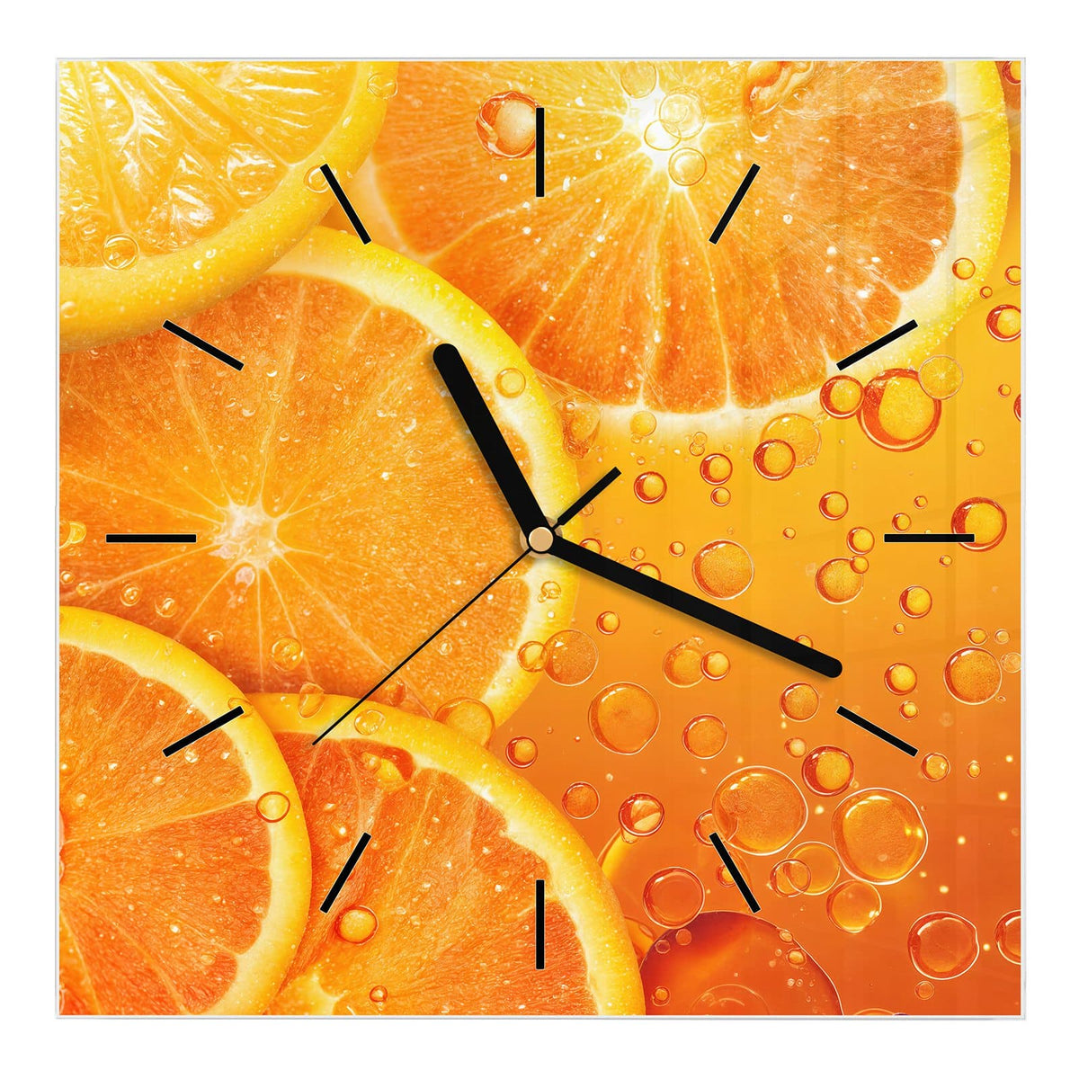 Wanduhr aus Glas, Ziffernblatt Linie mit Motiv Sprudelnde Orangen: Orangenscheiben in orangefarbener Flüssigkeit voller aufsteigender Bläschen