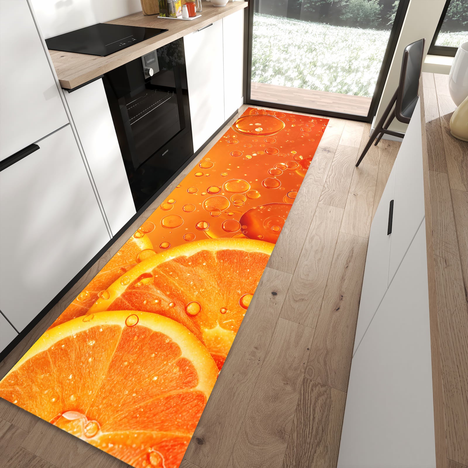 Pflegeleichter Küchenläufer mit Motiv Erfrischende Orange in moderner Küche