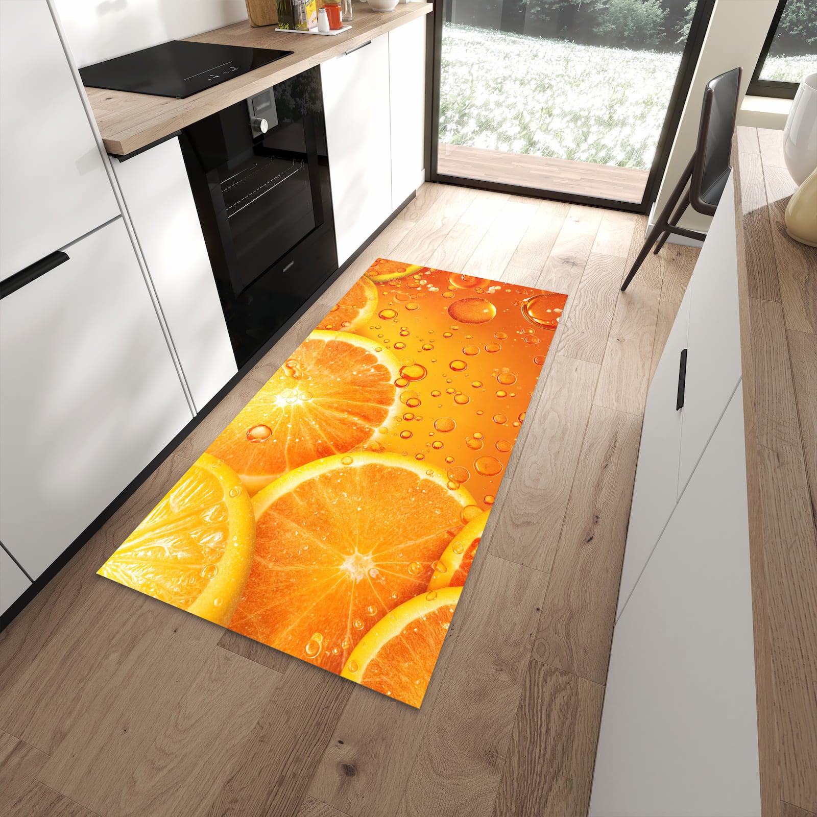 Küchenvorleger mit Motiv Erfrischende Orange für angenehme Haptik in moderner Küche