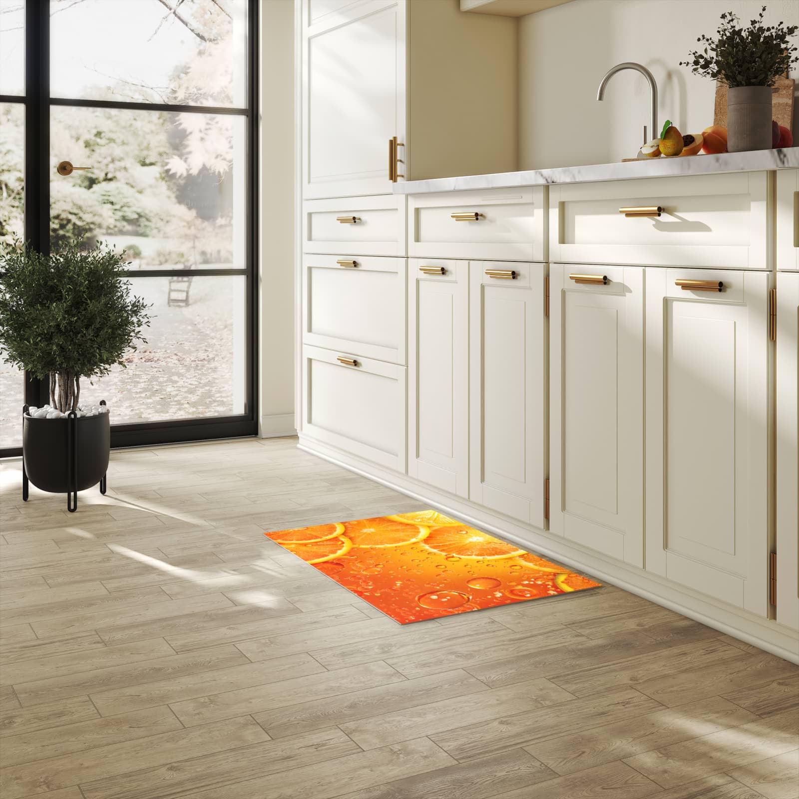 Pflegeleichter moderner Küchenläufer mit Motiv Erfrischende Orange in heller Küche