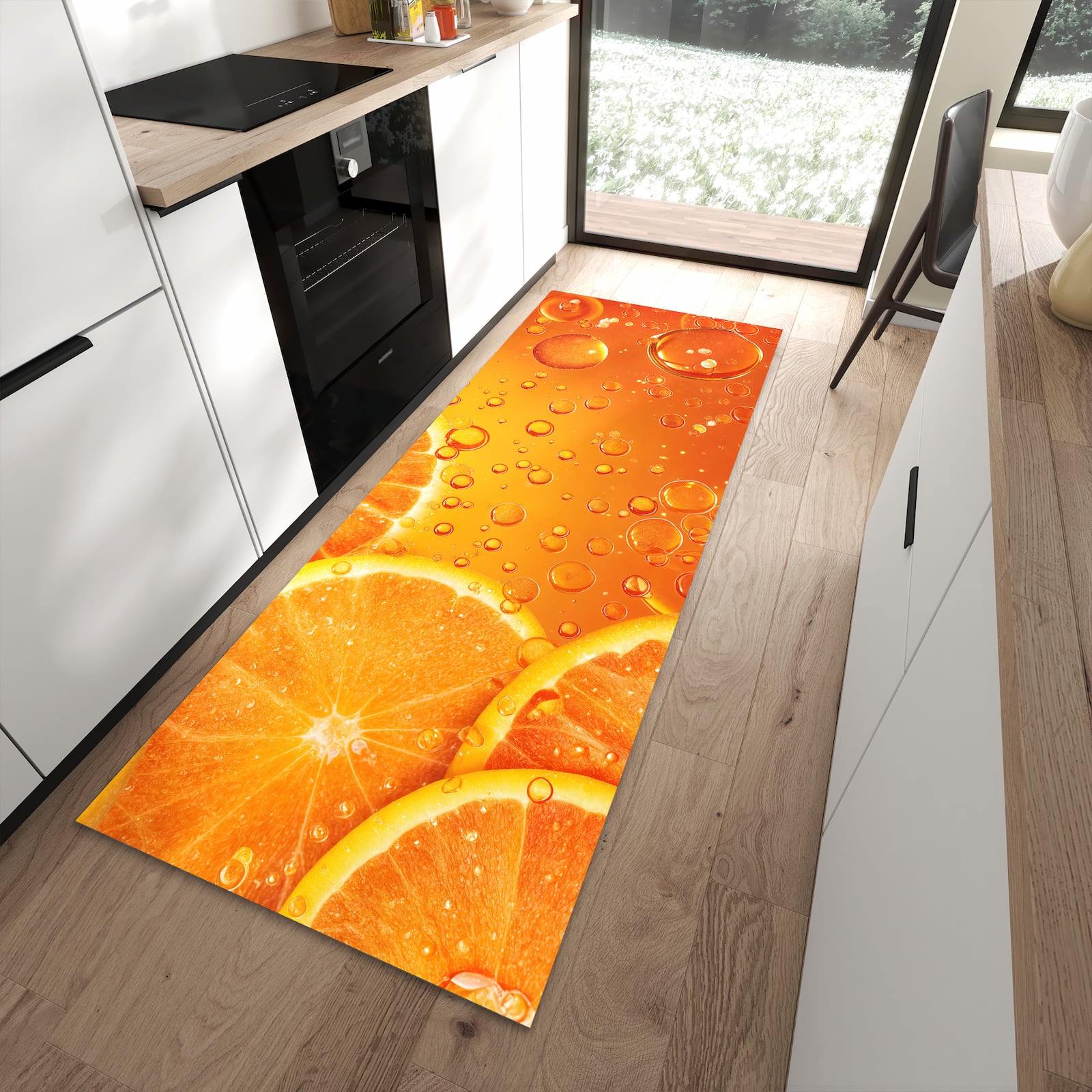 Hygienischer Küchenteppich mit Motiv Erfrischende Orange in moderner Küche - waschbar