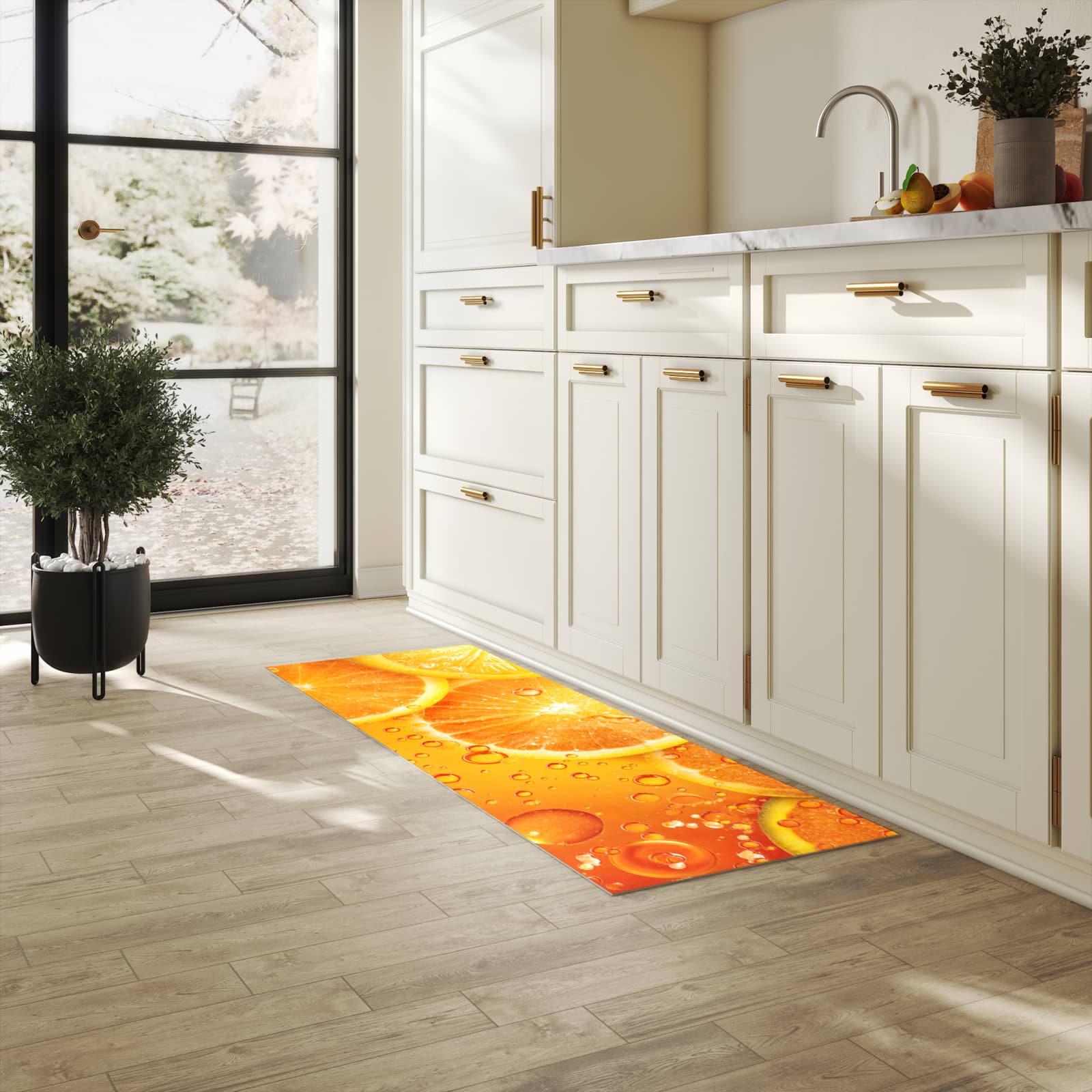 Schmutzabweisender rutschfester Küchenläufer mit Motiv Erfrischende Orange in heller Küche
