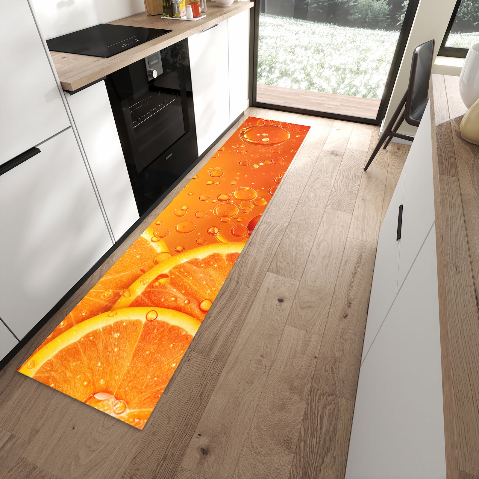 Geruchsneutraler Küchenteppich mit Motiv Erfrischende Orange in moderner Küche