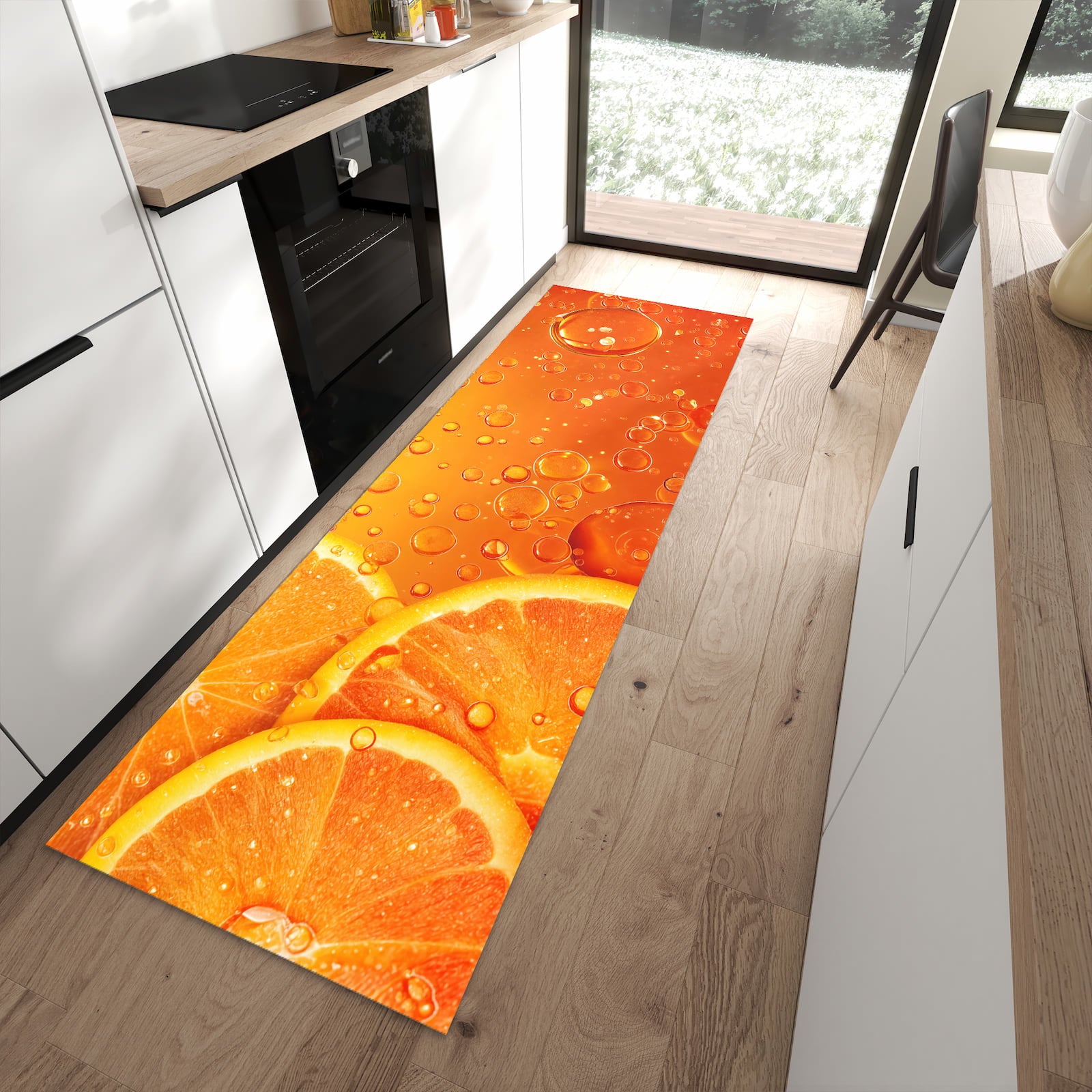 Komfortabler Küchenläufer mit Motiv Erfrischende Orange in moderner Küche