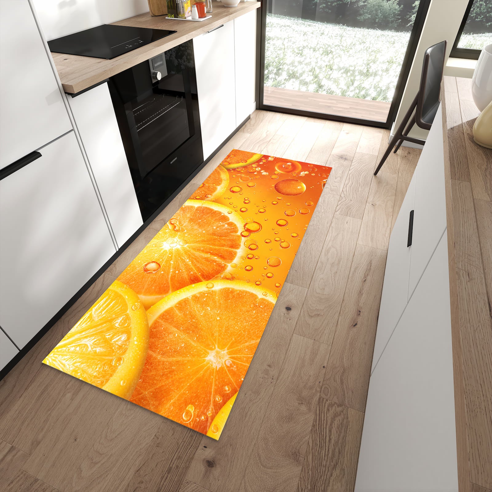 Pflegeleichter Läufer für die Küche mit Motiv Erfrischende Orange in moderner Küche