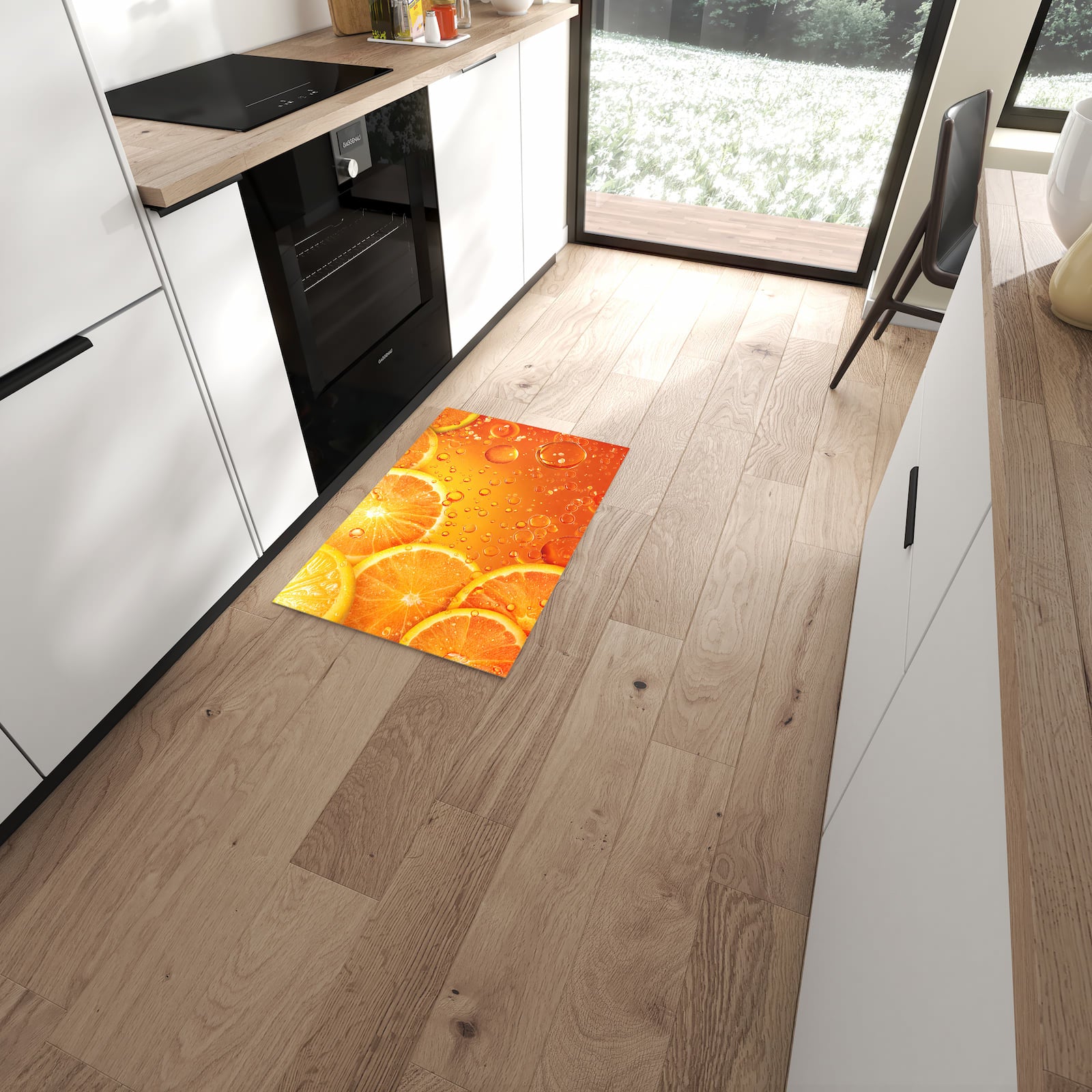 Flacher Küchenteppich mit Motiv Erfrischende Orange in moderner Küche