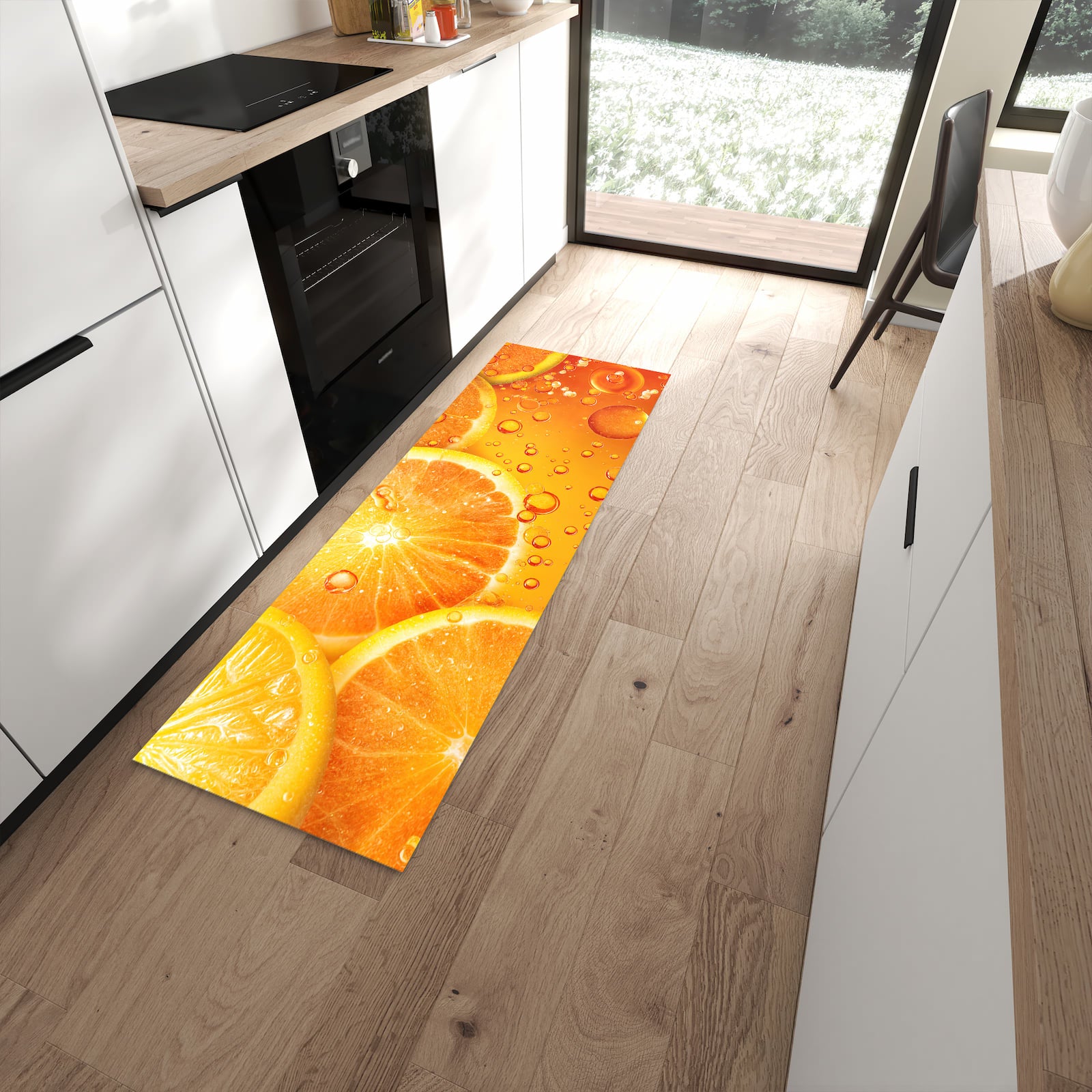 Fleckenresistenter Küchenteppich mit Motiv Erfrischende Orange in moderner Küche
