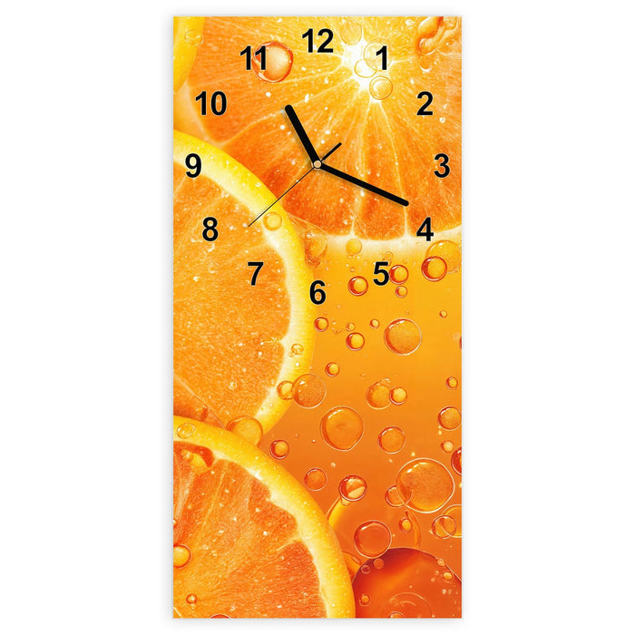 Wanduhr Erfrischende Orange aus Glas – Hochformat 30 × 60 cm mit Ziffernblatt Modern
