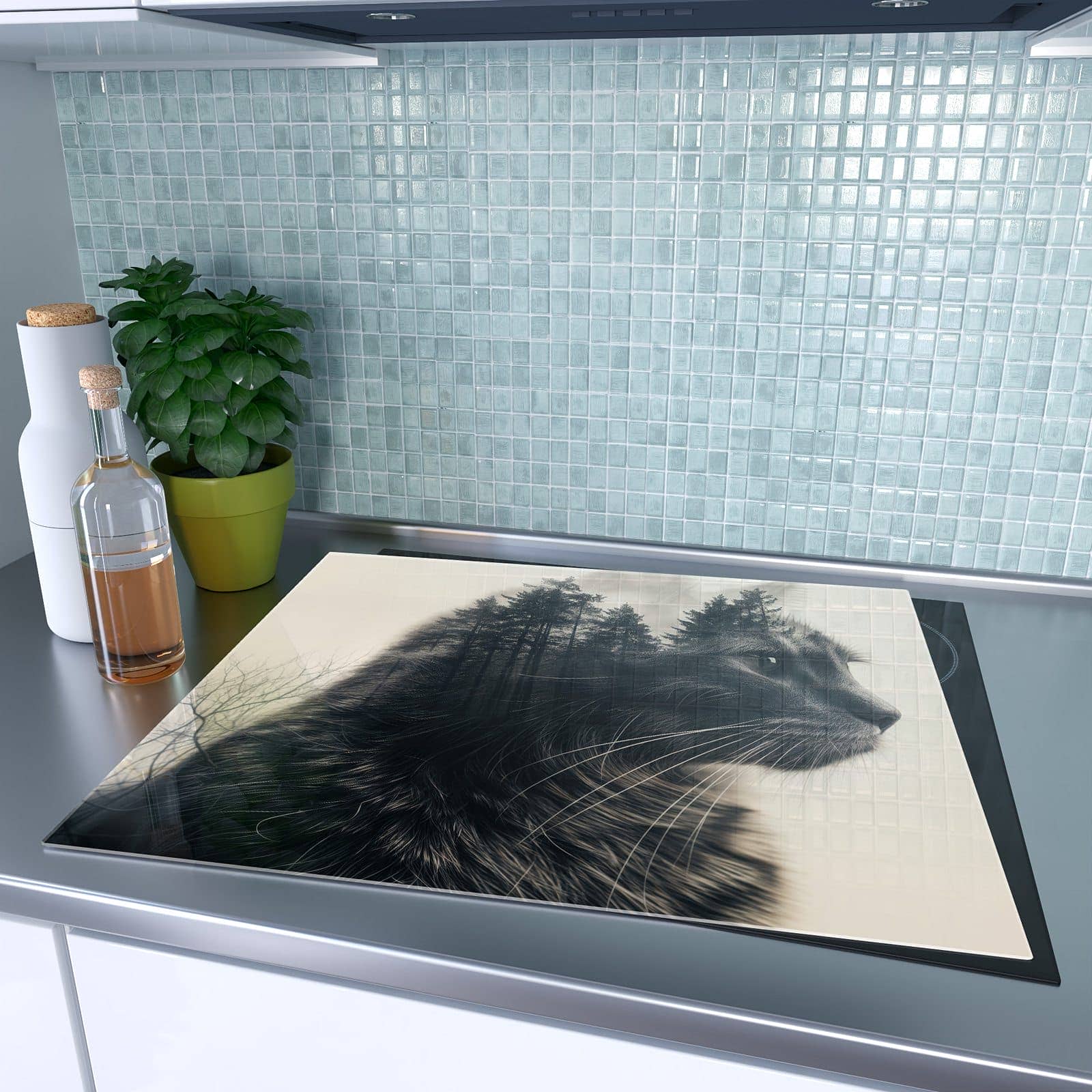 1-teilige Herdabdeckplatte mit Waldkatze-Motiv auf dem Ceranfeld