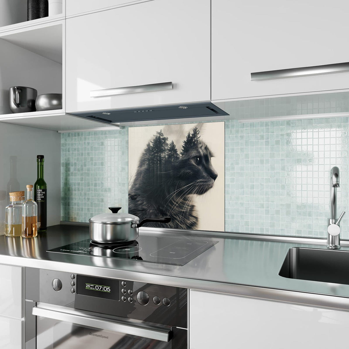 Küchenrückwand aus Glas Katzenprofil mit Wald im quadratischen Format als Spritzschutz hinter dem Kochfeld, über dem Fliesenspiegel montiert