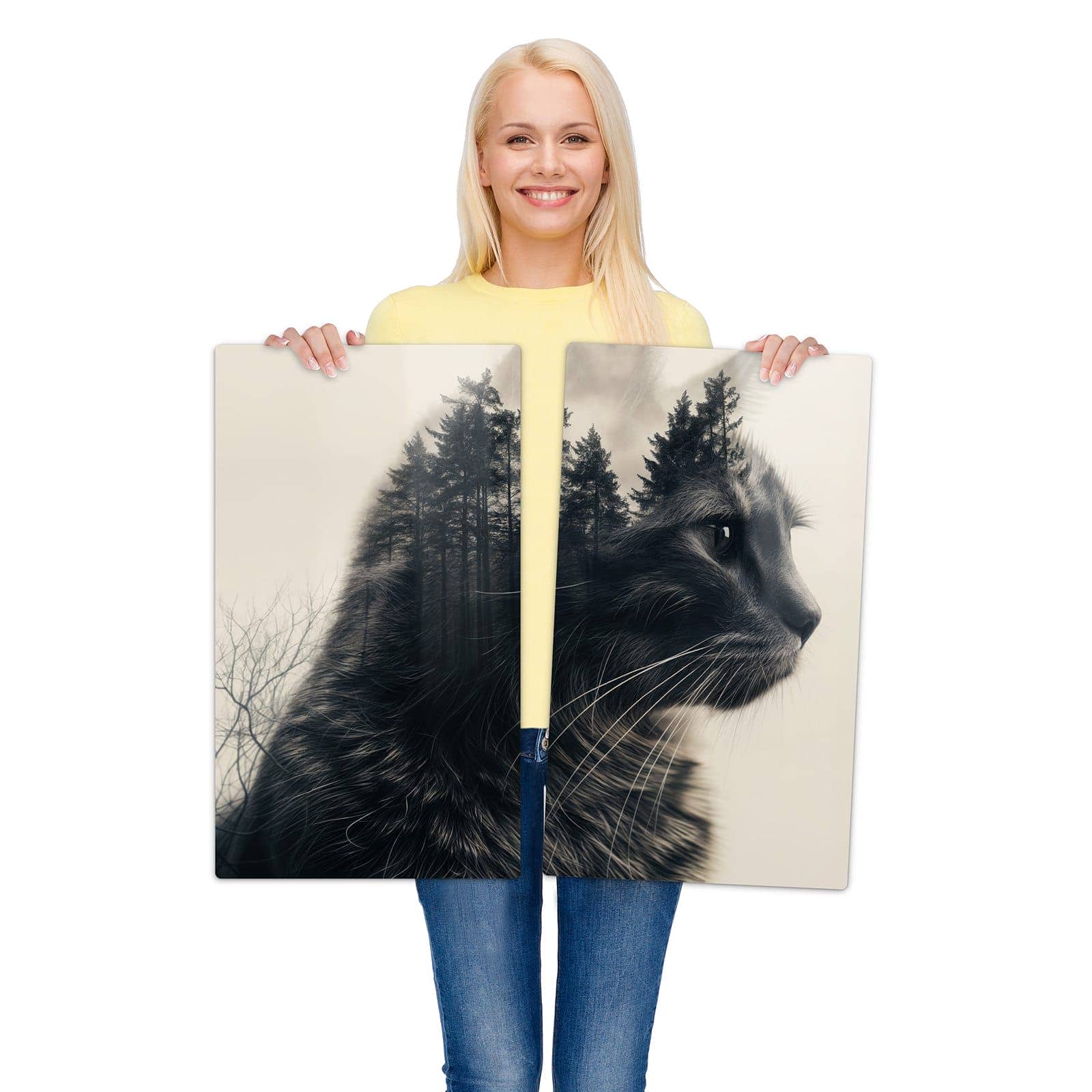 2-teilige Abdeckplatten mit Waldkatze-Motiv werden zur Größendarstellung gehalten