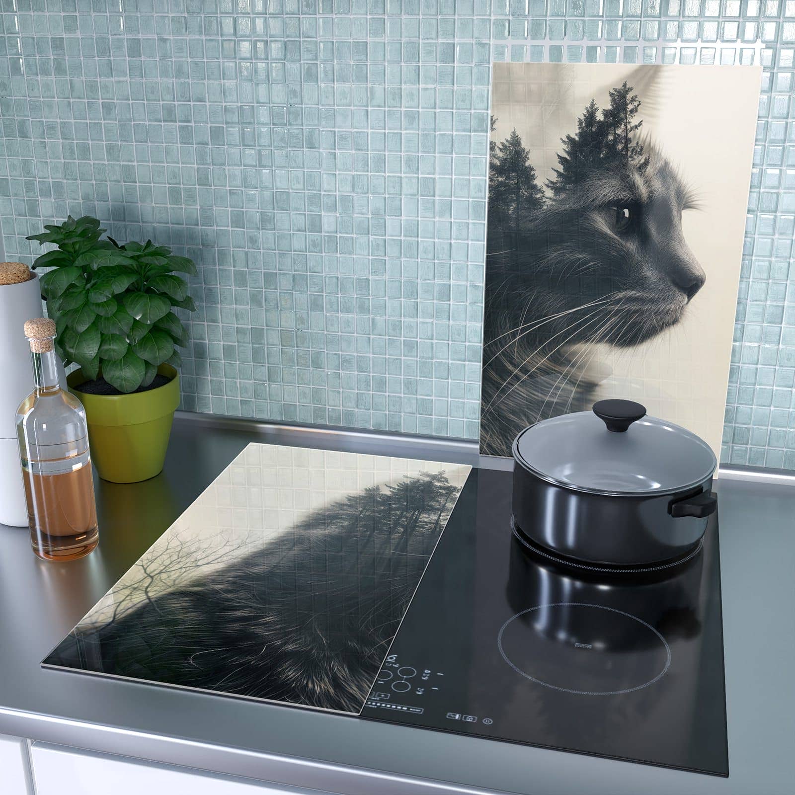 2-teilige Herdabdeckplatte aus Glas mit Waldkatze-Motiv als Spritzschutz hinter dem Kochfeld