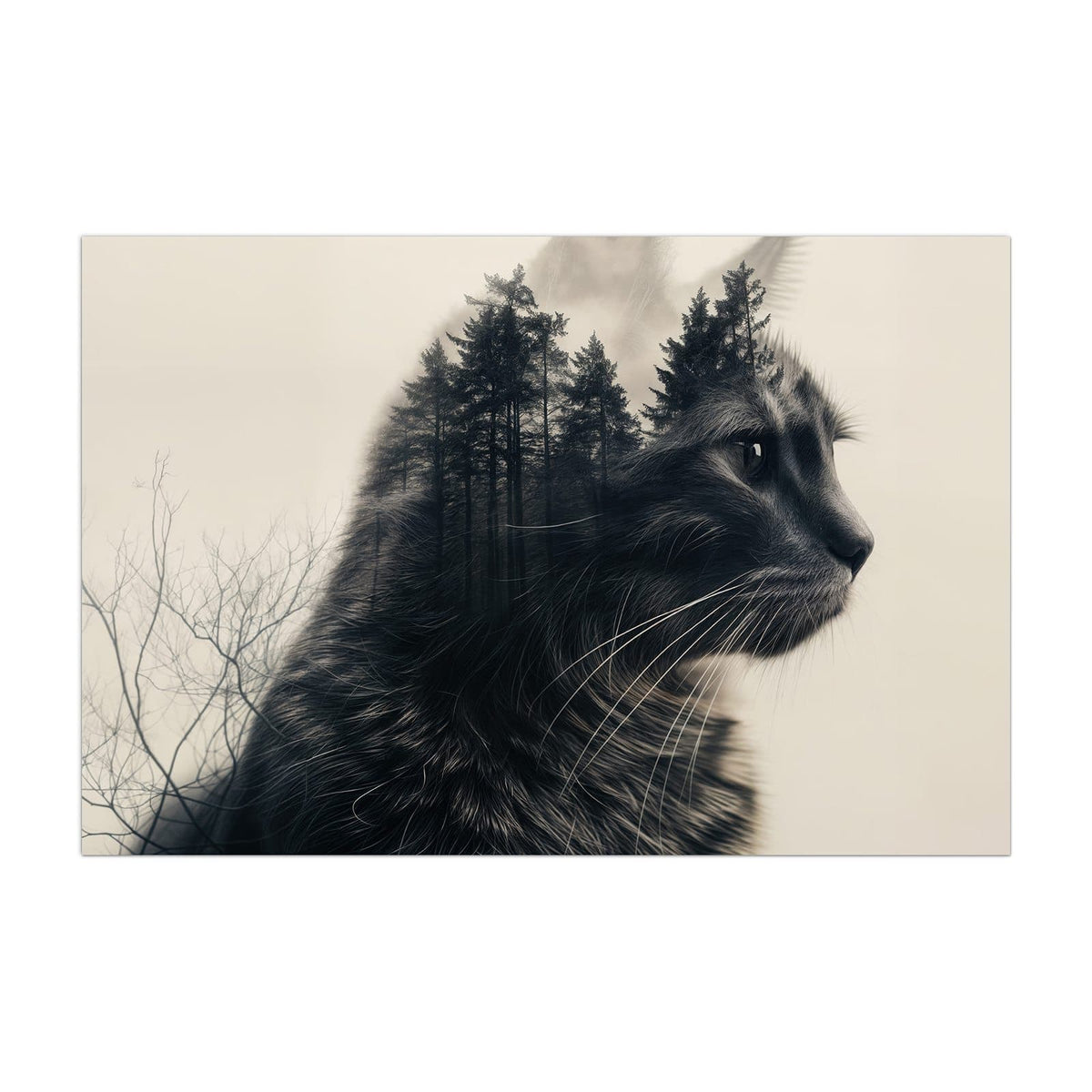 Küchenrückwand aus Glas Katzenprofil mit Wald im Hochformat, Motiv bildfüllend von vorn