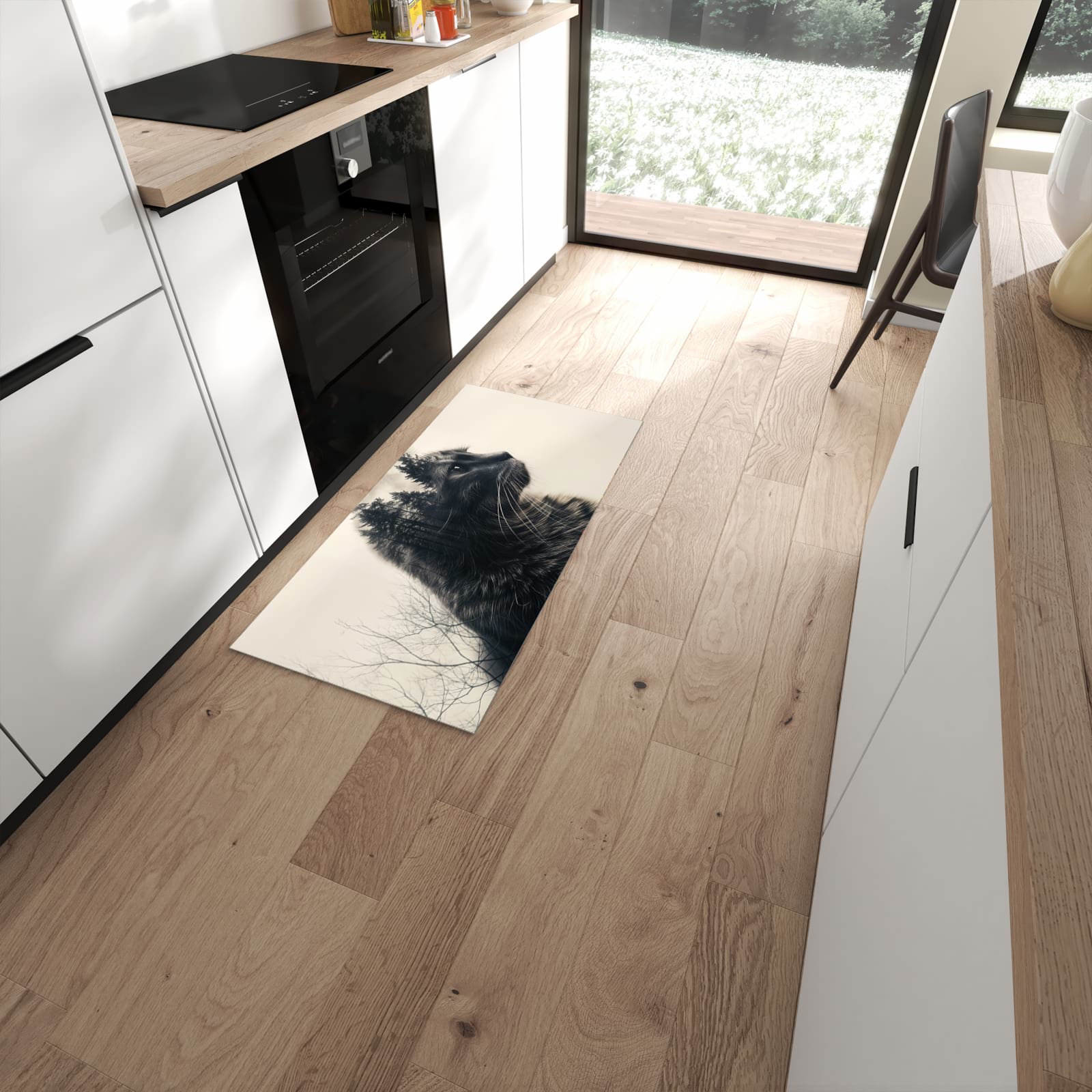 Geruchsneutraler rutschfester Küchenteppich mit Motiv Waldkatze in moderner Küche #grösse_60 x 120 cm