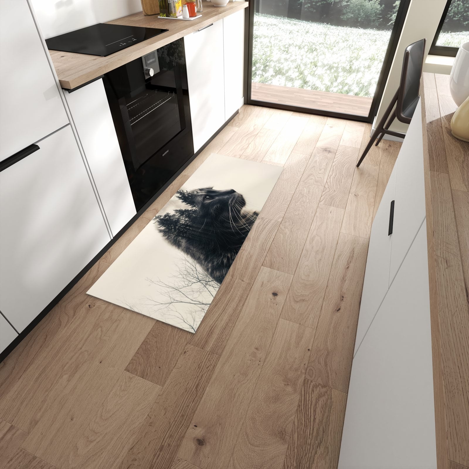 Langlebiger Küchenteppich mit Motiv Waldkatze in moderner Küche #grösse_60 x 150 cm
