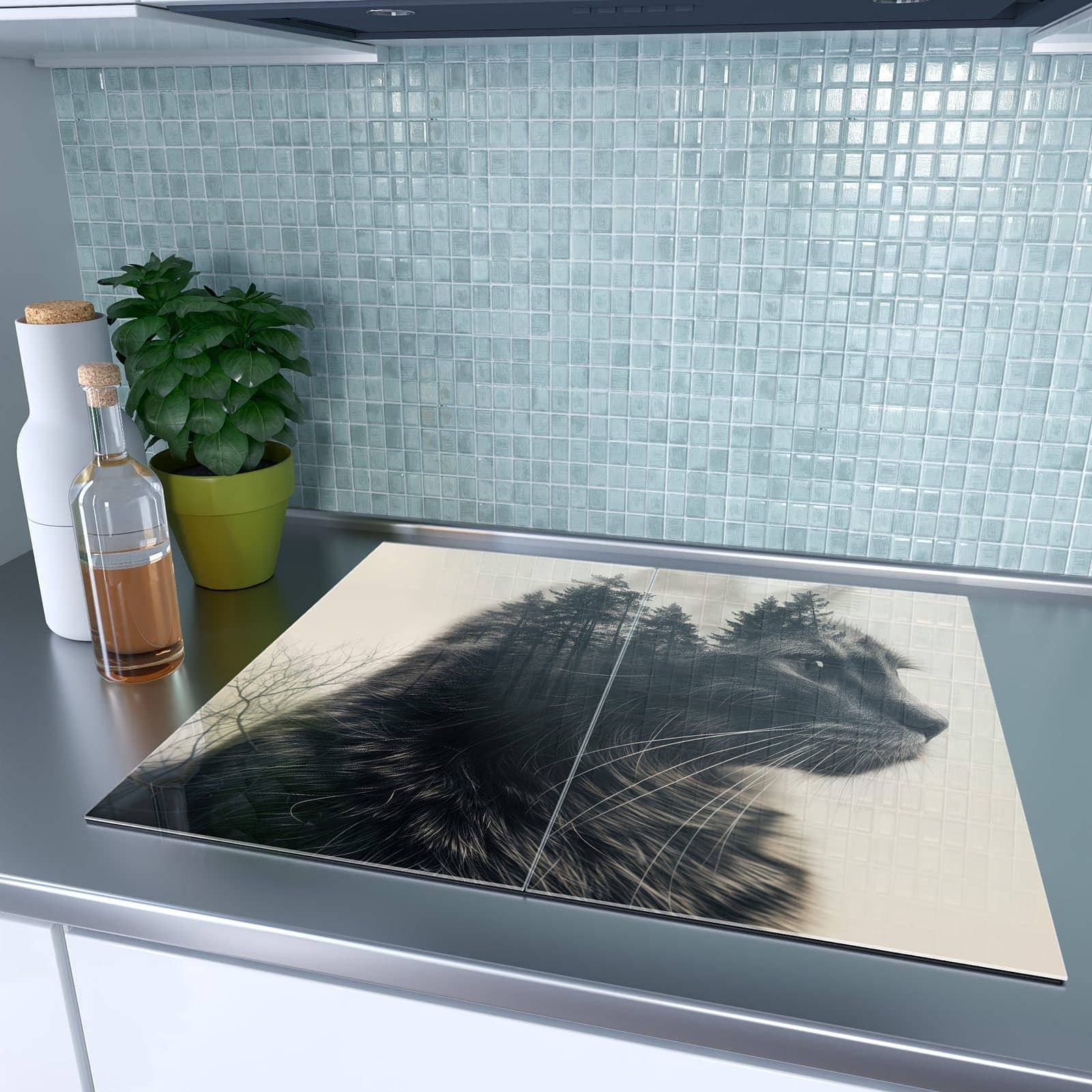 2-teilige Herdabdeckplatten für Ceranfeld mit Waldkatze-Motiv auf dem Ceranfeld