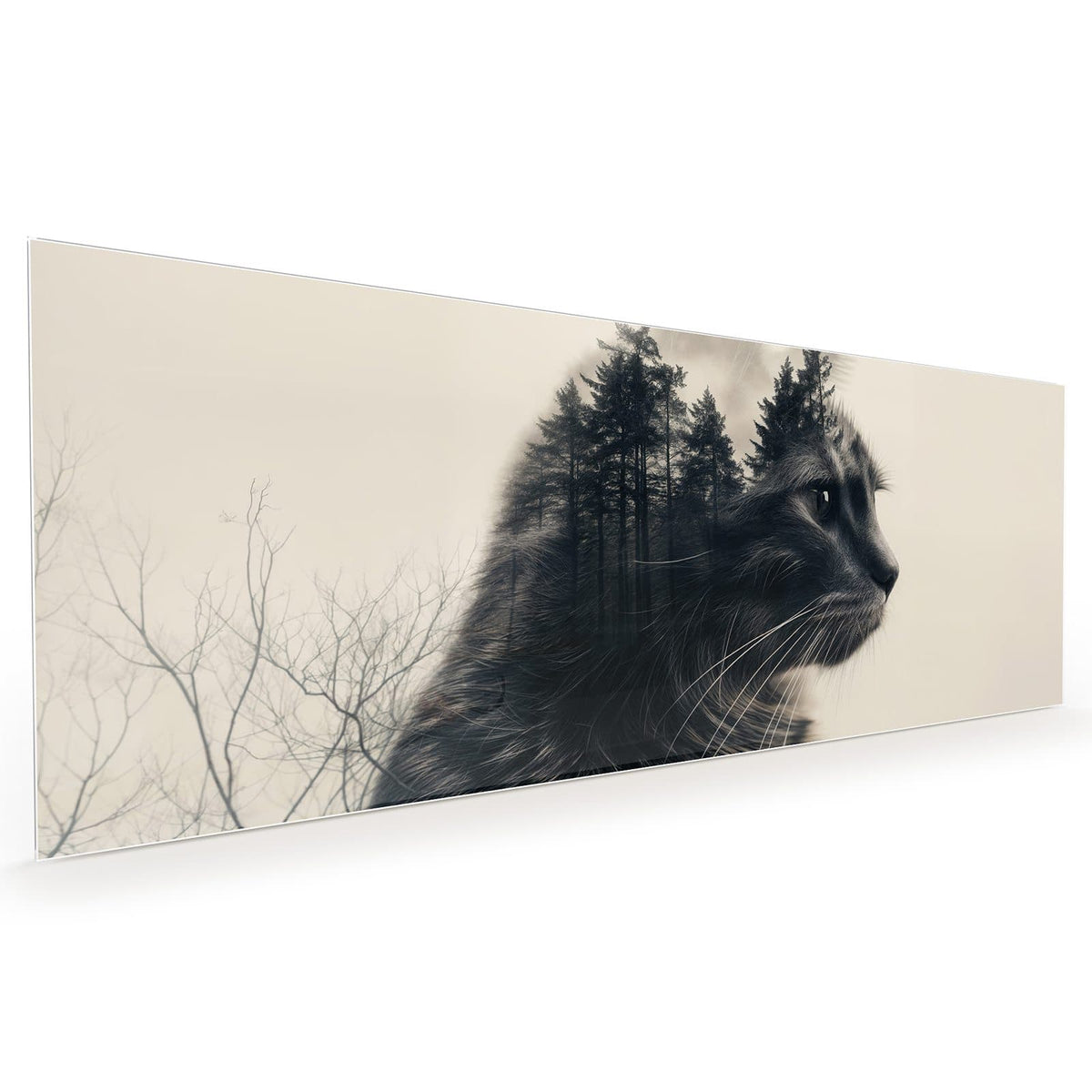 Küchenrückwand aus Glas im Hochformat mit Motiv Katzenprofil mit Wald: Schwarzweiße Doppelbelichtung: Katzenprofil, in dessen Fell ein Nadelwald steht
