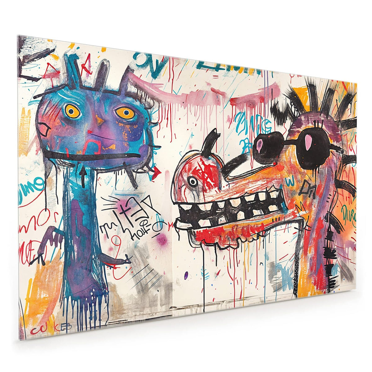 Küchenrückwand aus Glas im Hochformat mit Motiv Graffiti-Monster: Graffitiartig gemaltes Fabeltier mit langer Schnauze, großen Zähnen und schwarzer Sonnenbrille