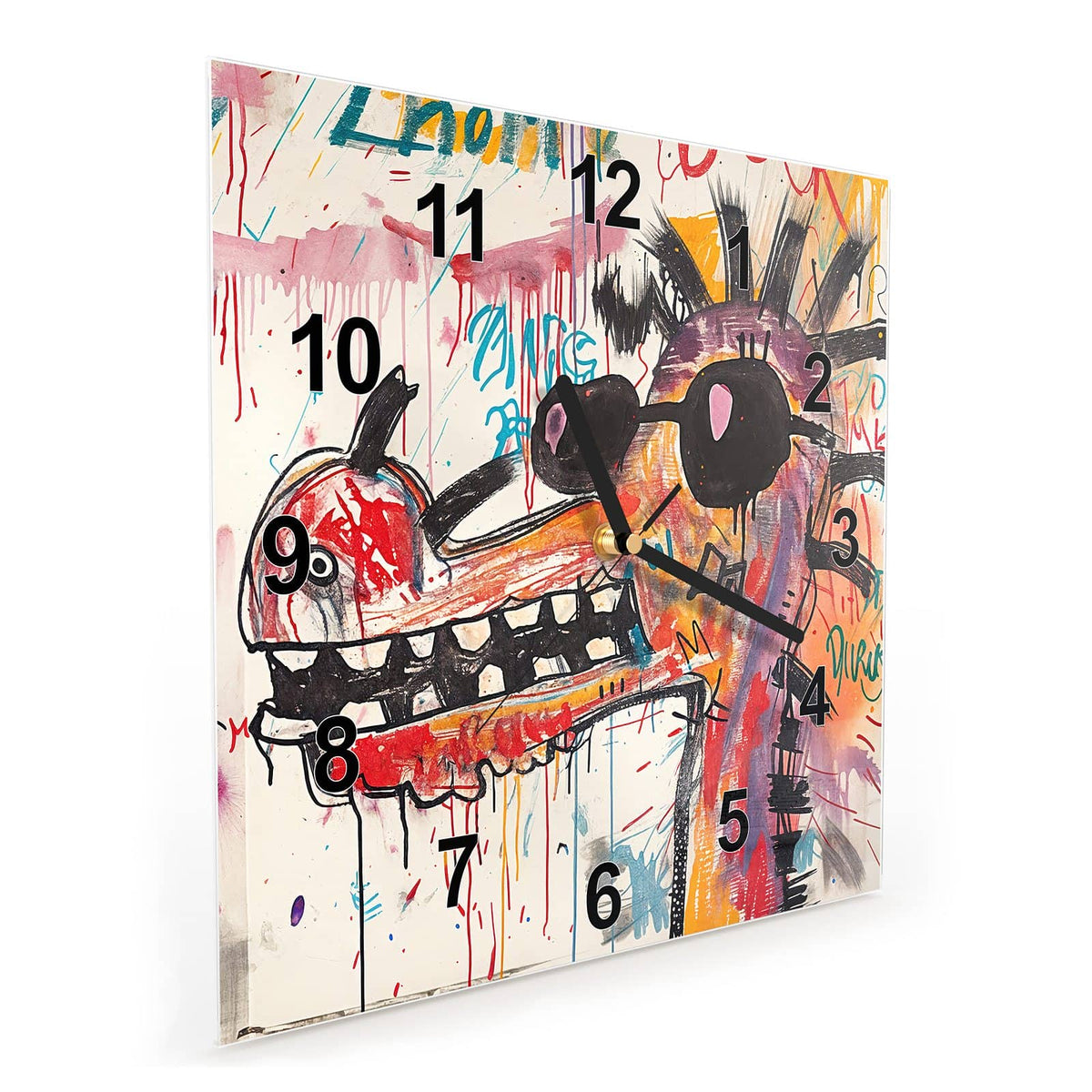 Quadratische Wanduhr aus Glas Graffiti-Monster schräg von der Seite, 4 mm starkes Glas
