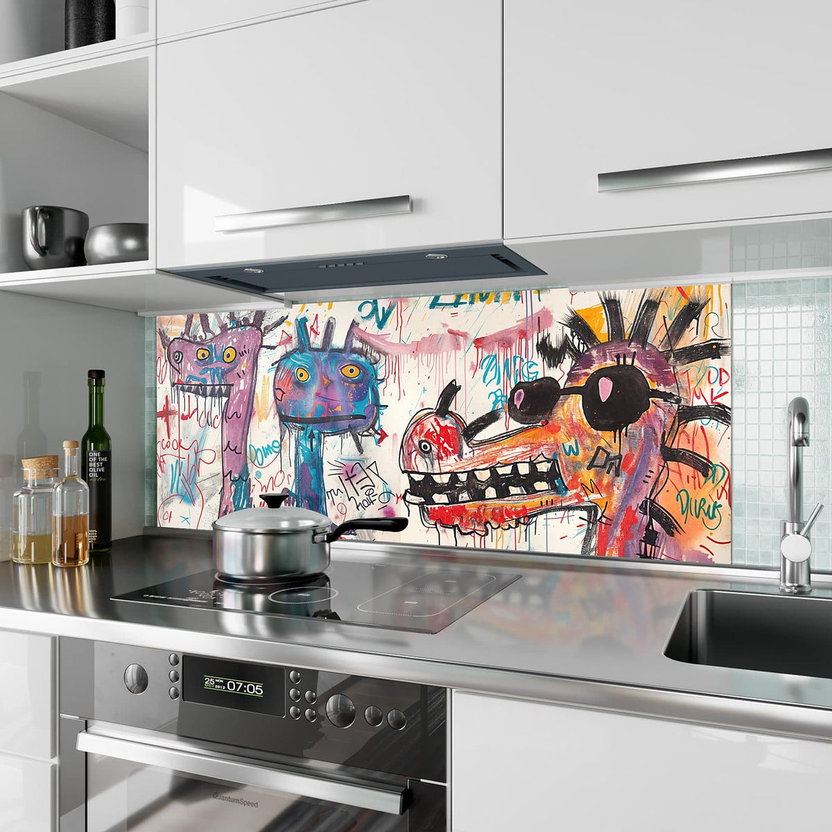 Küchenrückwand aus Glas Graffiti-Monster im Hochformat als Spritzschutz hinter dem Kochfeld, über dem Fliesenspiegel montiert