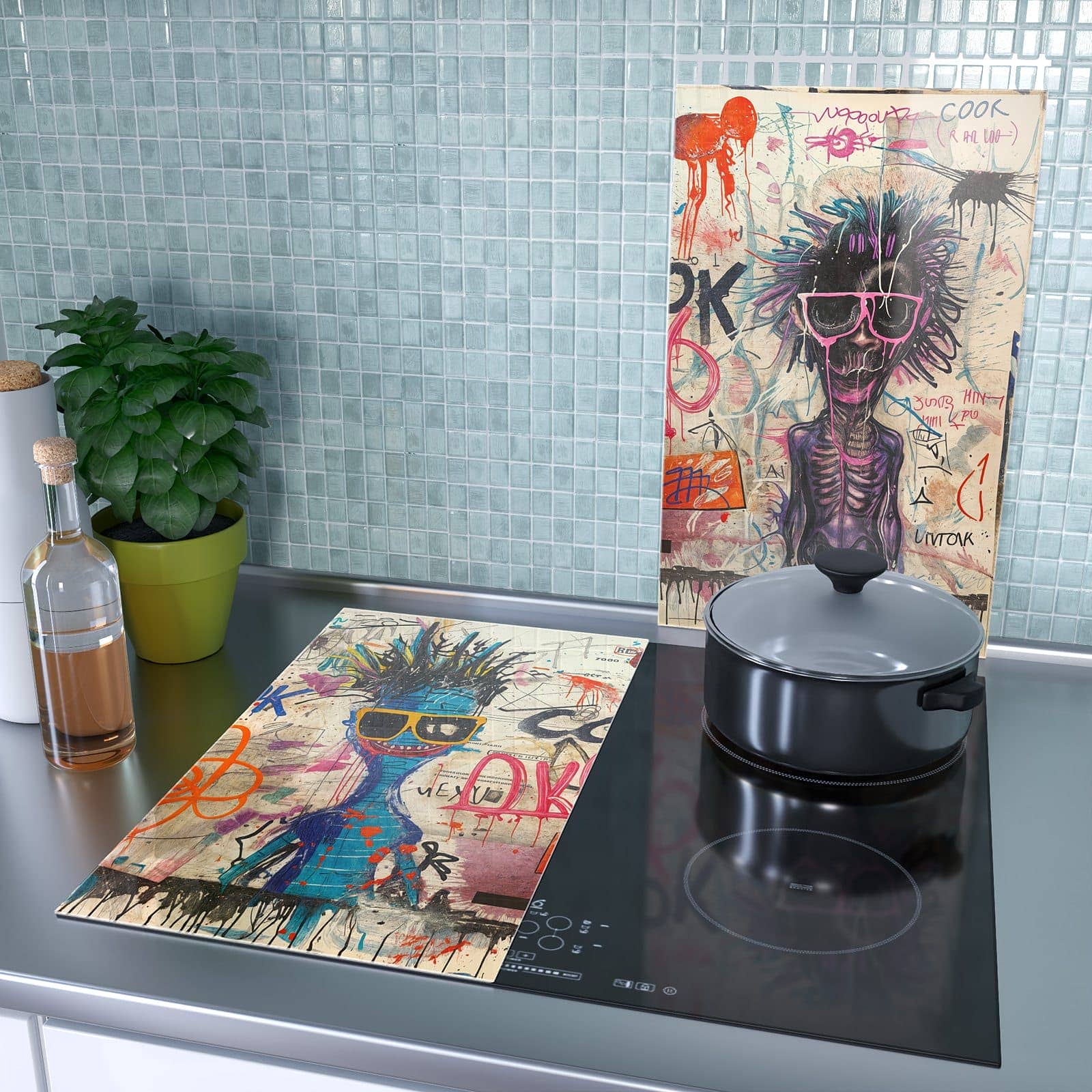 2-teilige Abdeckplatten Ceranfeld mit Graffiti Tiere-Motiv als Spritzschutz hinter dem Kochfeld