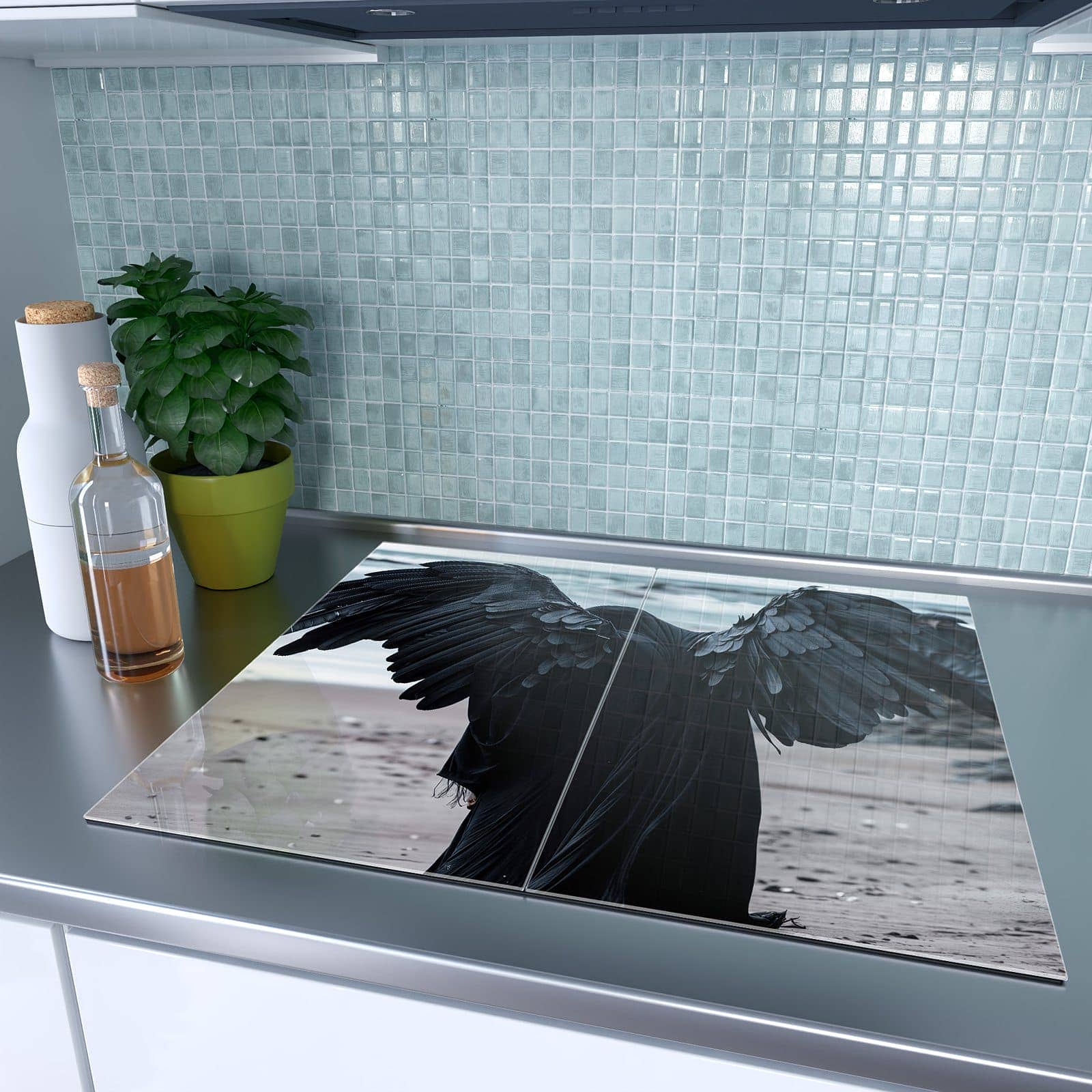 2-teilige Herdabdeckplatte für Ceranfeld mit Geflügelter Wanderer-Motiv auf dem Ceranfeld