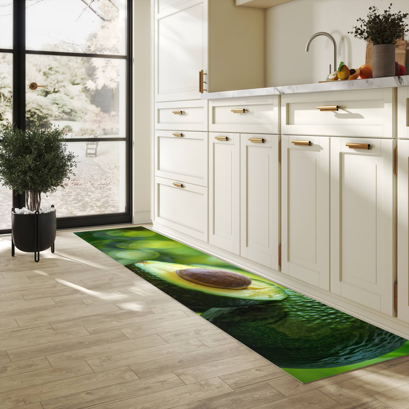 Pflegeleichter Küchenläufer nach Maß mit Motiv Avocado Anschnitt in heller Küche